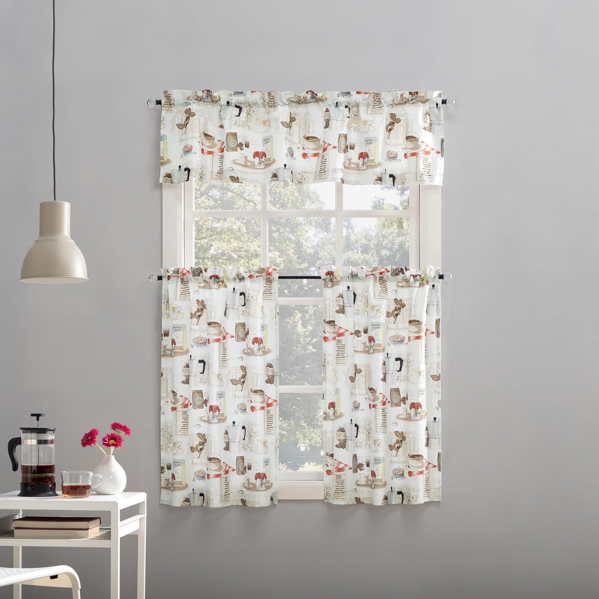 No. 918 Brew Coffee Shop Semi-Sheer Rod Pocket Kitchen Curtain Valance and Tiers Set, 54" x 36", White