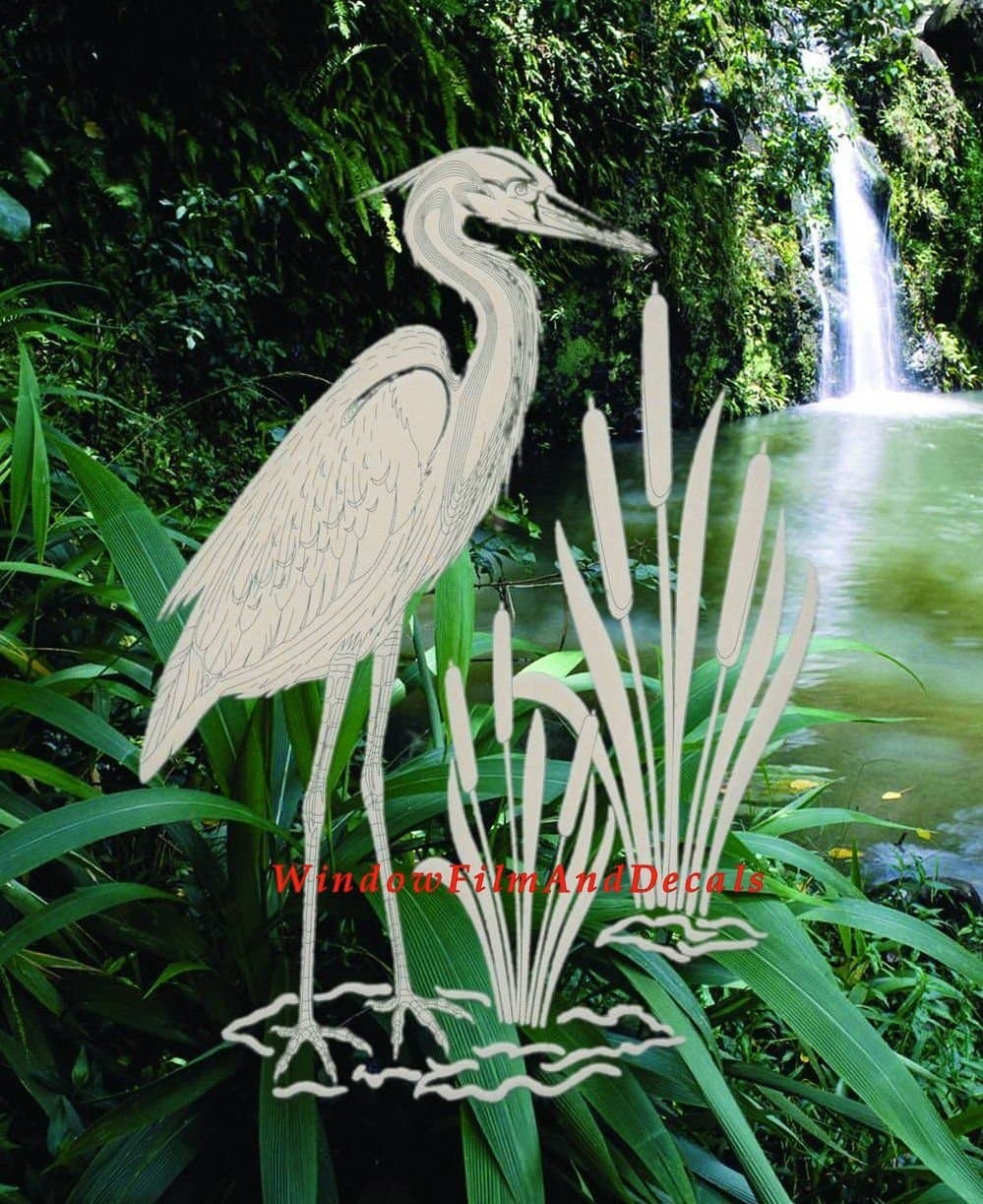 Egret & Cattails Left Oval Etched Window Decal Vinyl Glass Cling - 8" x 12" - Clear with White Design Elements