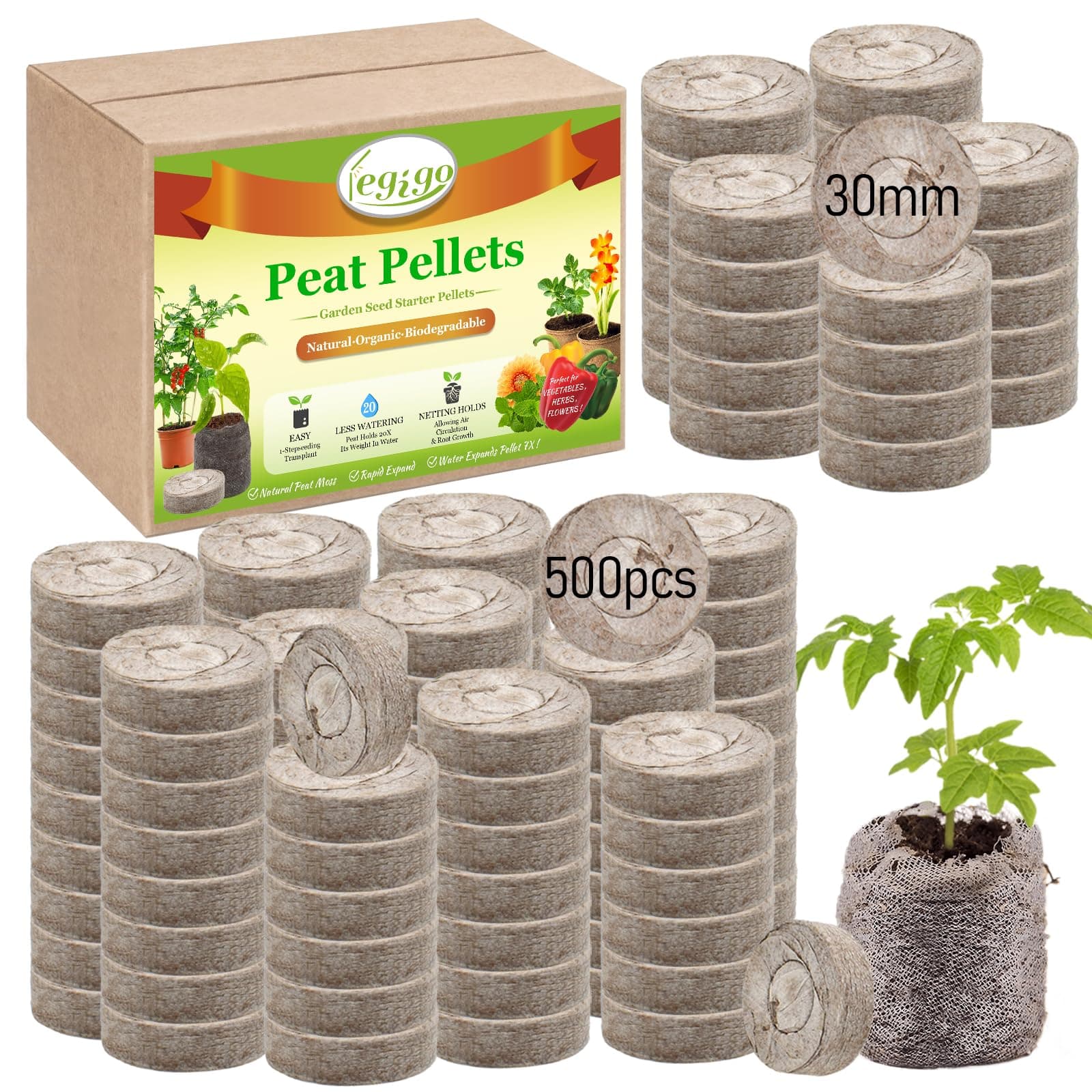 Legigo 500 Pcs 30mm Seed Starter Peat Pellets Pods for Seedlings- Compressed Seed Starting Pellets Seed Starter Pods Plugs Soil Peat Pods for Starting Seeds, Garden Planting Herb Flower Vegetables