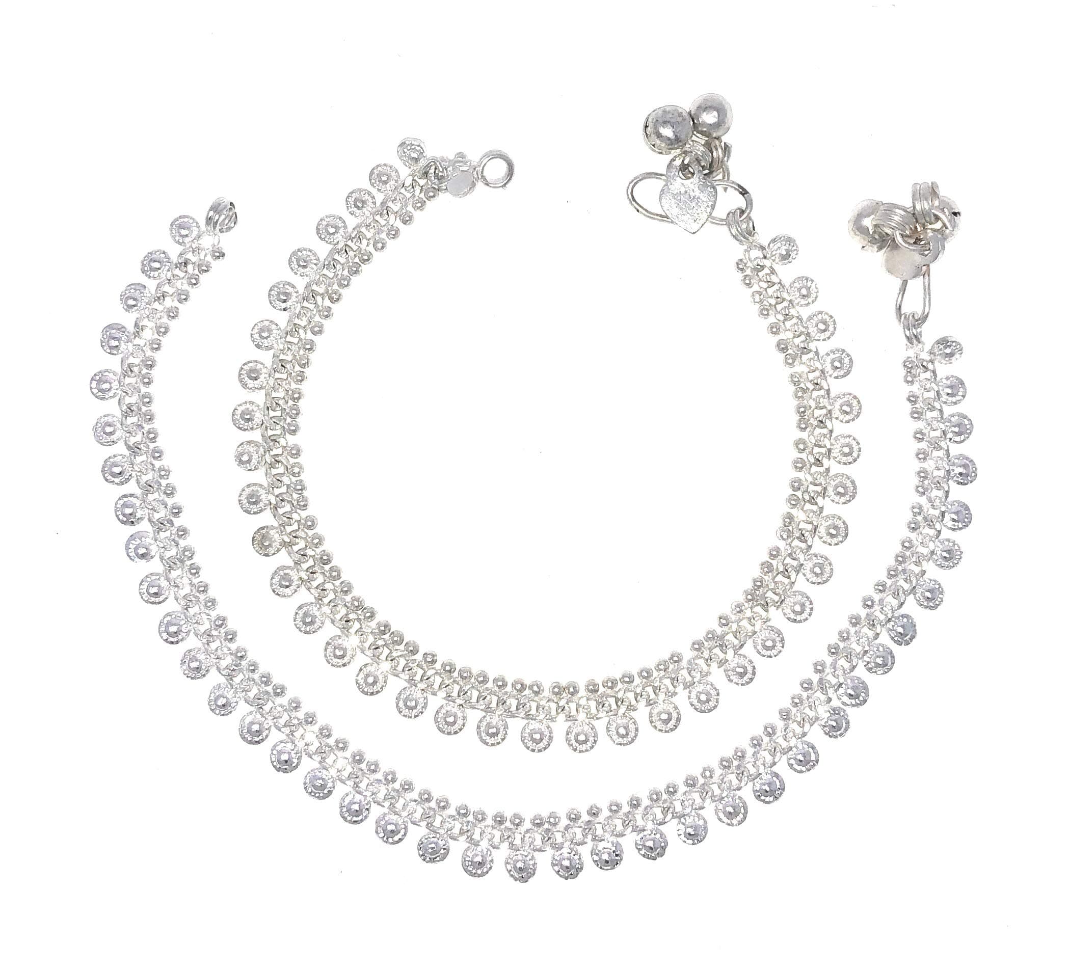 Duel On Jewel Indian Pakistani Ethnic Silver Tone Payal Anklet Pair Curved Edge and Soft Bells Dance Jewelry