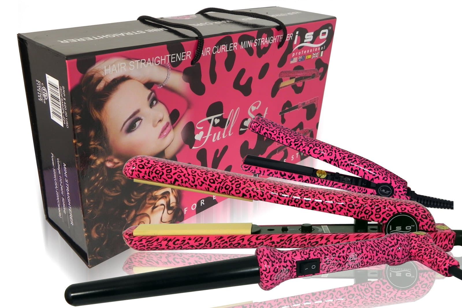 ISO Beauty full set Pink Leopard Hair Straightener + Hair Curler + Mini Straightener