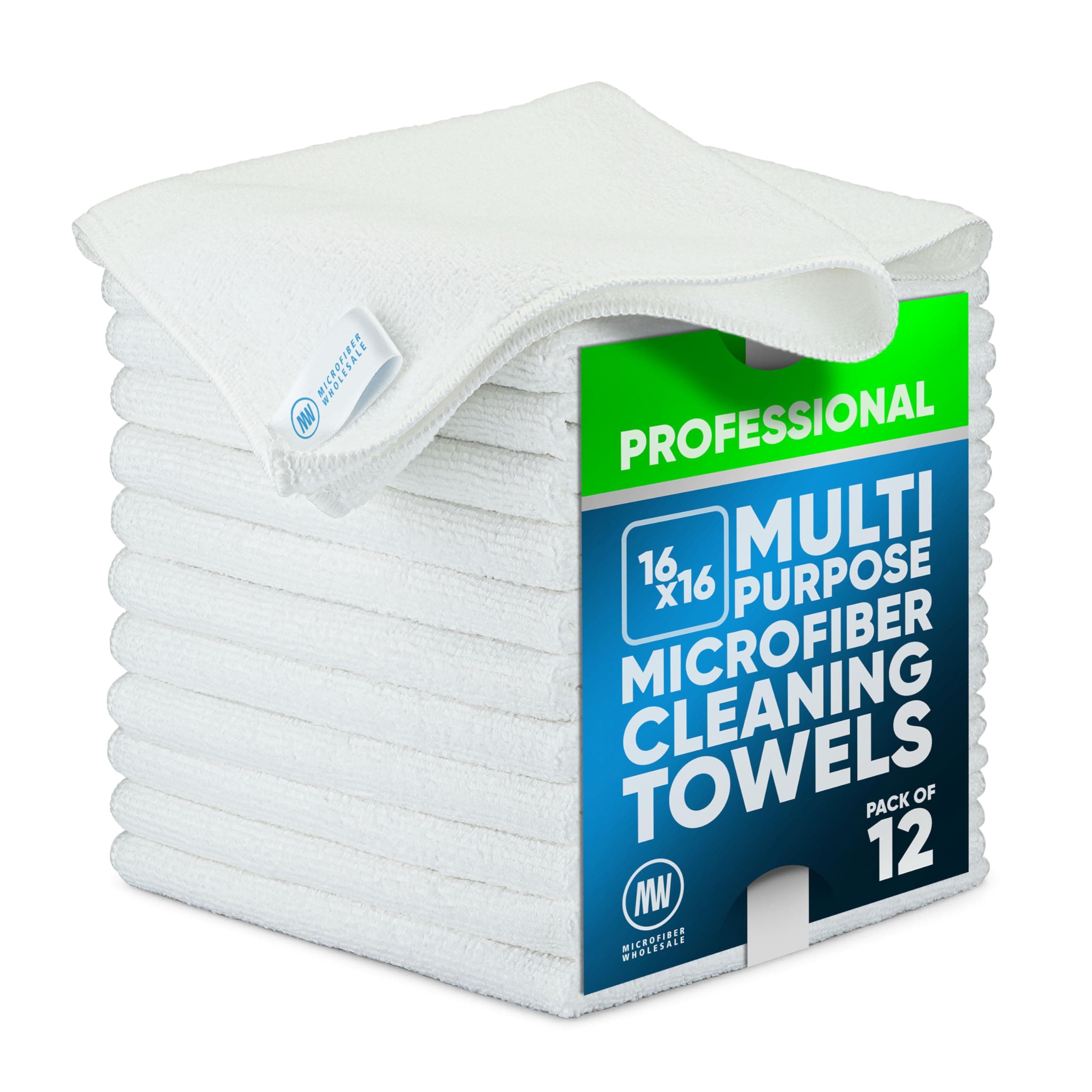 MW Pro Microfiber Cleaning Cloth | White (12 Pack) | Size 16" x 16" | All Purpose Microfiber Towels - Clean, Dust, Polish, Scrub, Absorbent