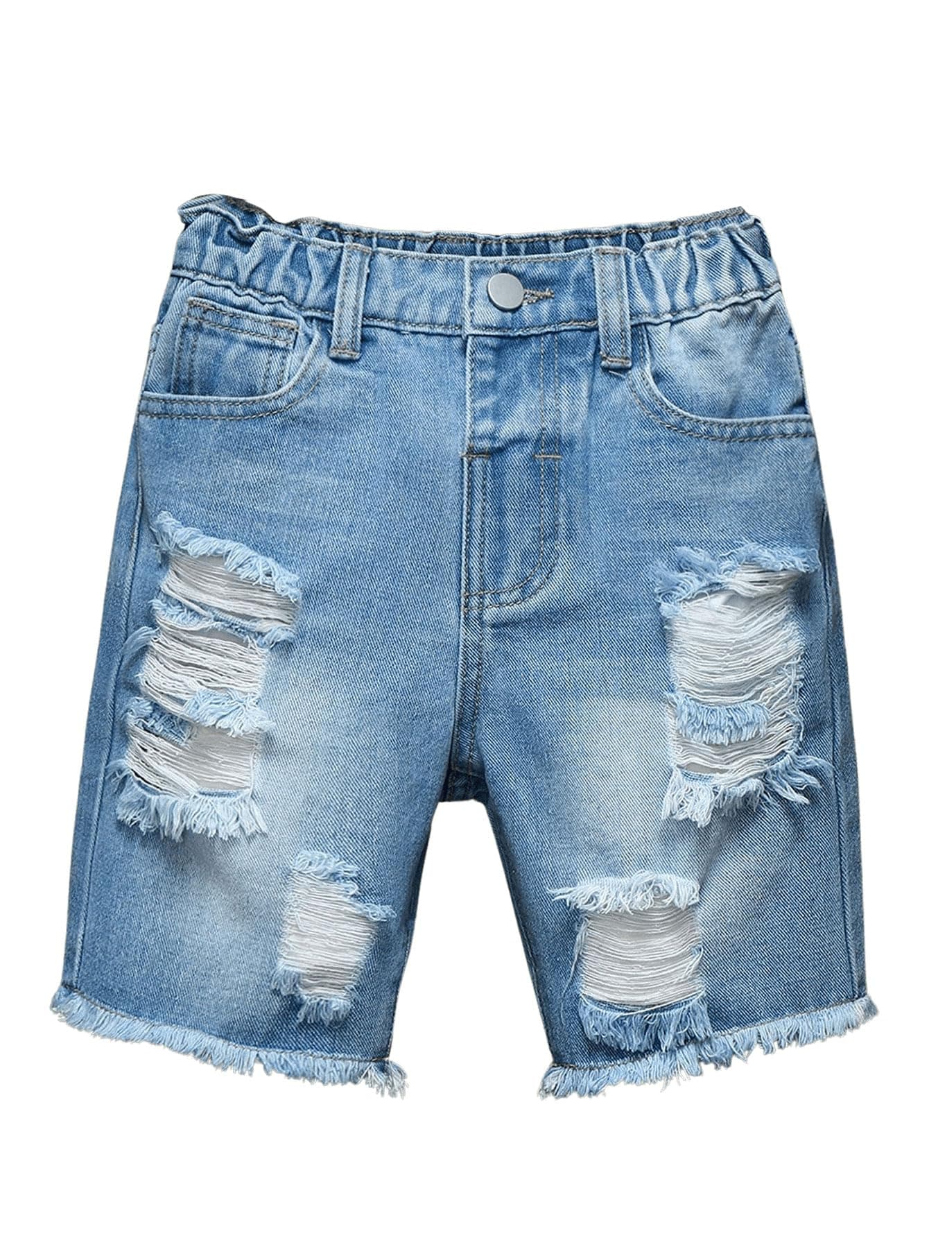 WDIRARABoy's Elastic Waist Ripped Raw Hem Straight Leg Denim Shorts with Pockets