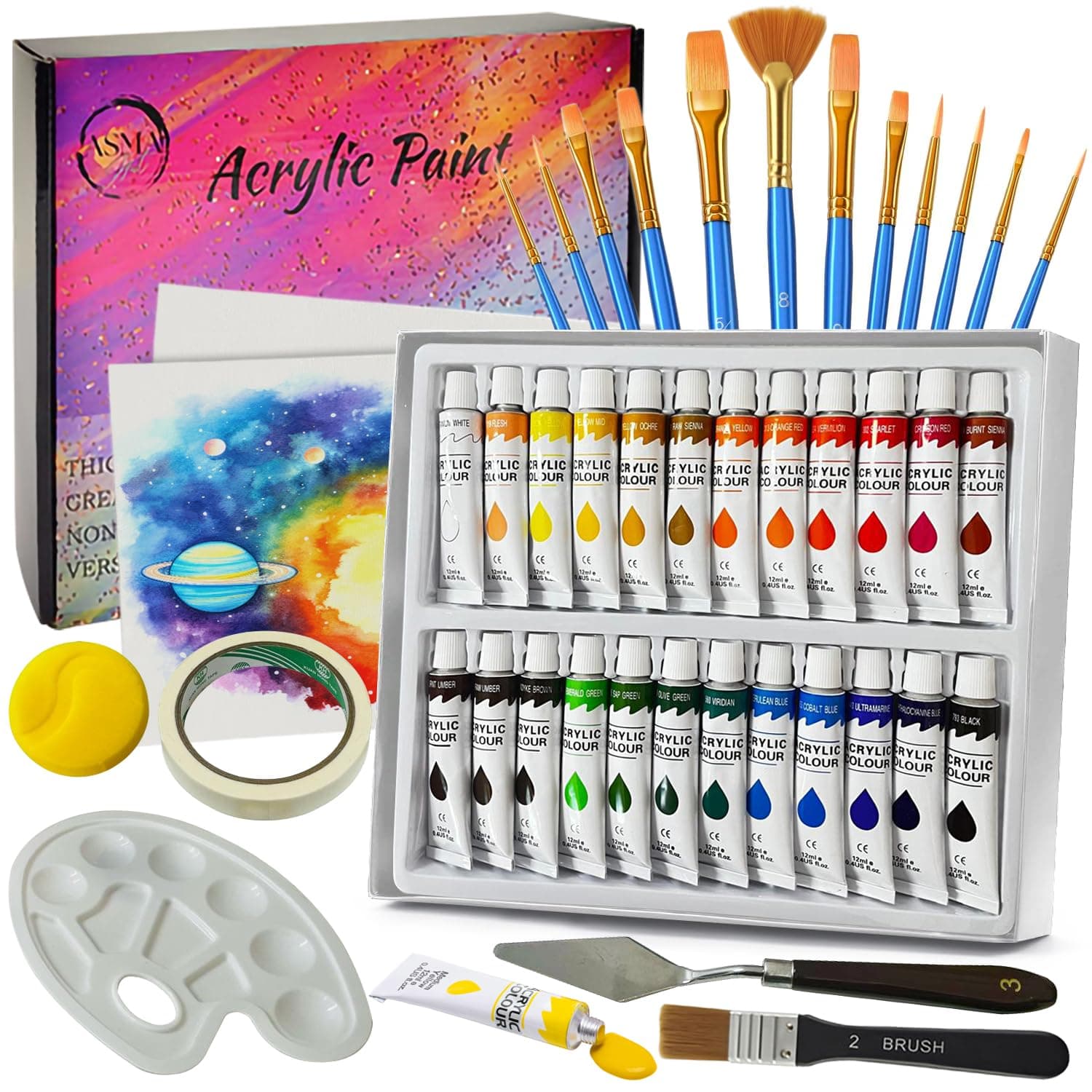 Asma Art Acrylic paint set 43 Pcs – canvas painting - 12 paint brush - & crafts supplies