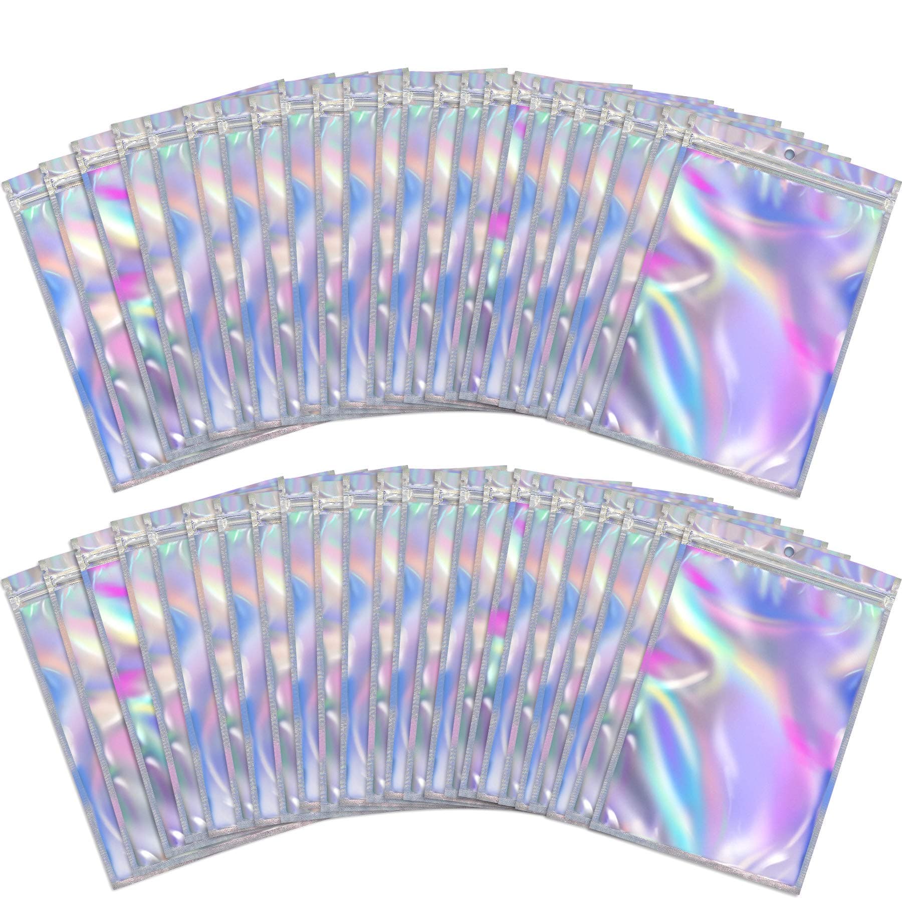 BQTQ 150 Foil Ziplock Bags Resealable Smell Proof Flat Metallic Bags for Party Favours Food Storage, Holographic, 10x15cm