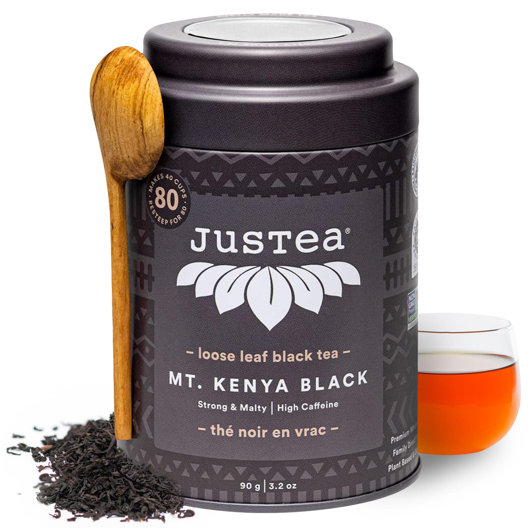 JusTea MT. KENYA BLACK | Loose Leaf Black Tea | Tin with Hand Carved Tea Spoon | 40+ Cups (3.2oz) | High Caffeine | Award-Winning | Fair Trade | Non-GMO