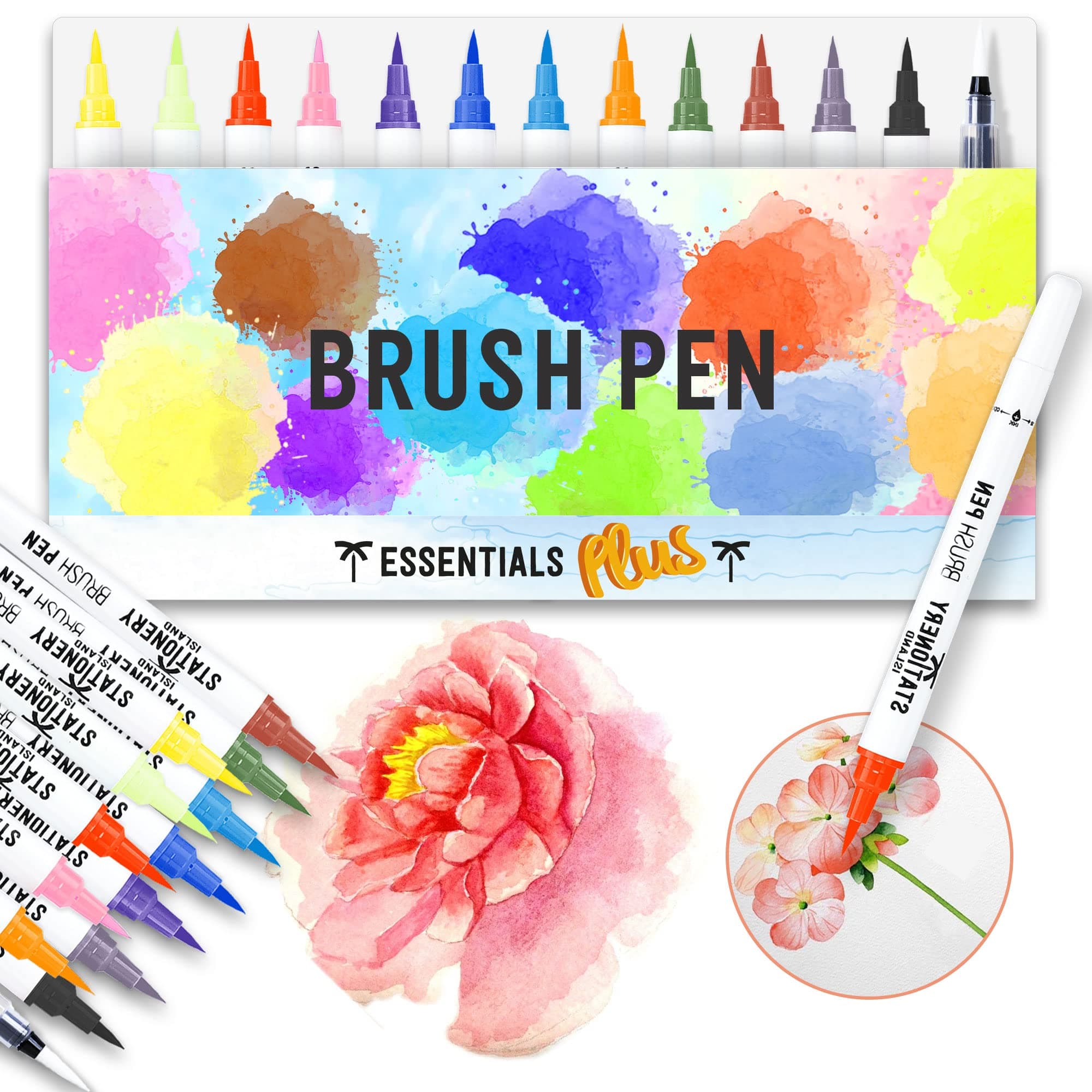 STATIONERY ISLAND Watercolour Brush Pen Set Colouring Highlighter Markers Felt Tips Calligraphy Brush Pens Water Colour Lettering Pen Set for Professional Adults and Kids