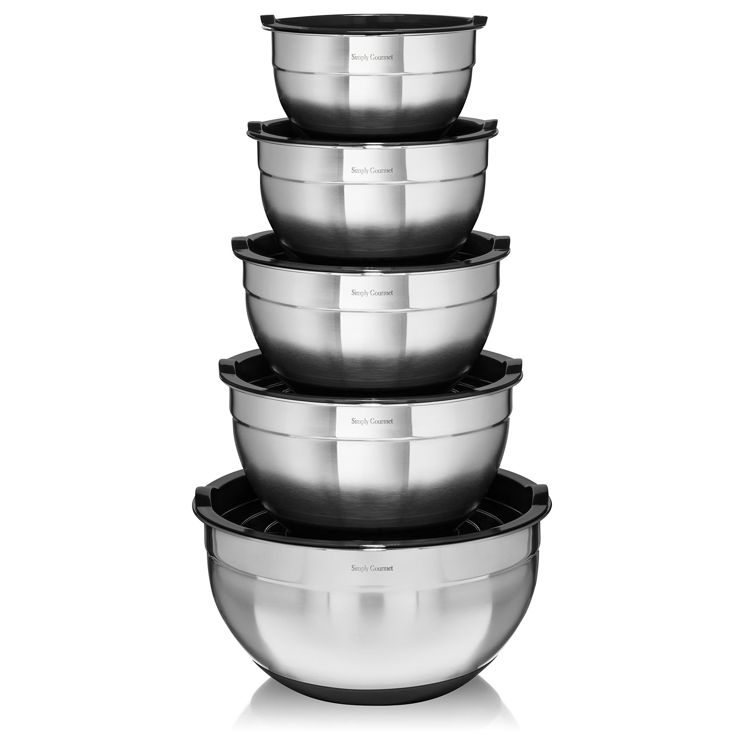 Premium Mixing Bowls with Lids - by Simply Gourmet. Stainless Steel Mixing Bowl Set Contains 5 Bowls with Airtight Lids, Non-Slip Bottoms, and a Flat Base for Stable Mixing. Bowls Nest for Storage …