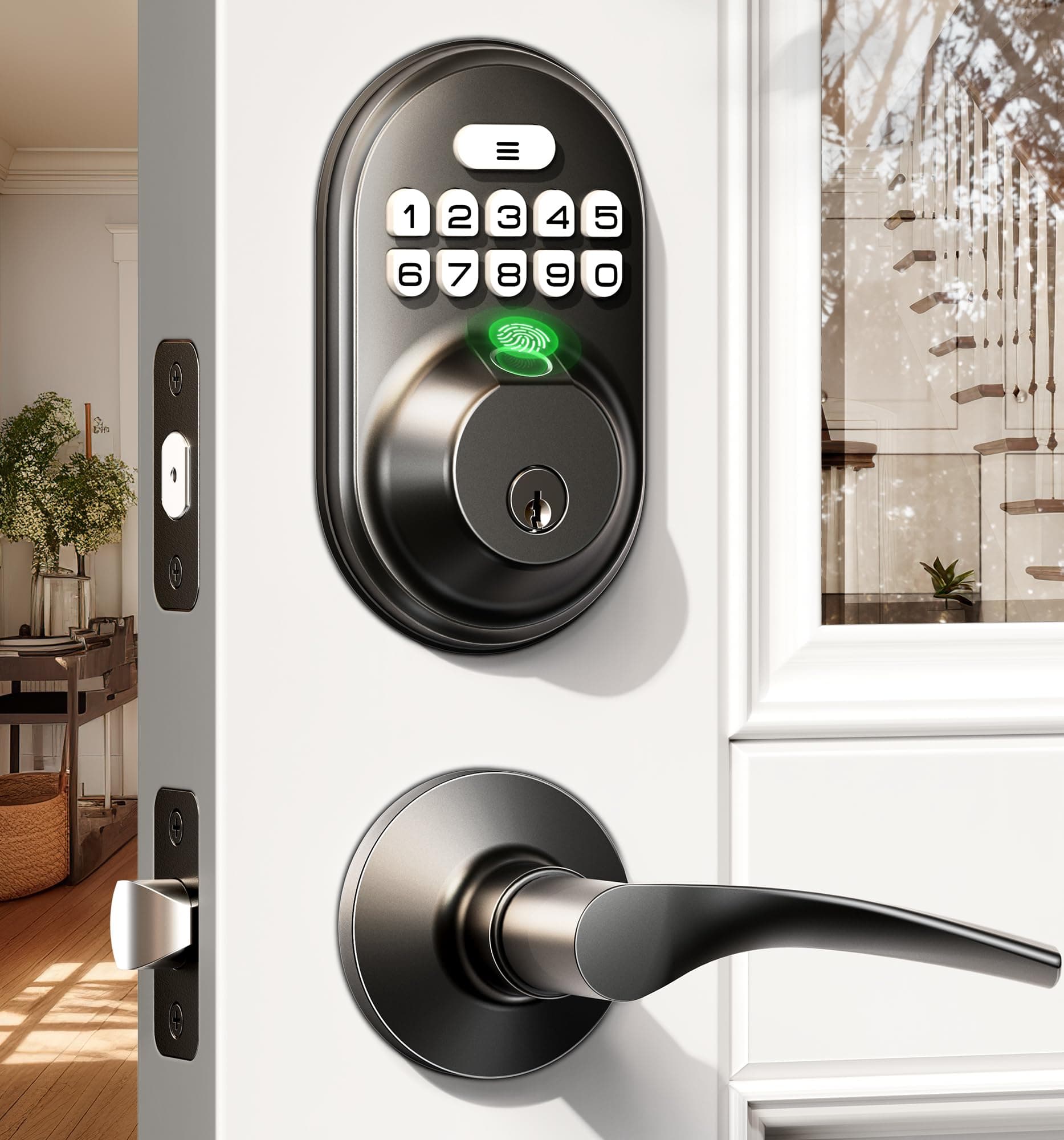Veise Fingerprint Door Lock with 2 Lever Handles, Keyless Entry Keypad Electronic Deadbolt, Front Door Lock Set, Easy Installation, Matte Black
