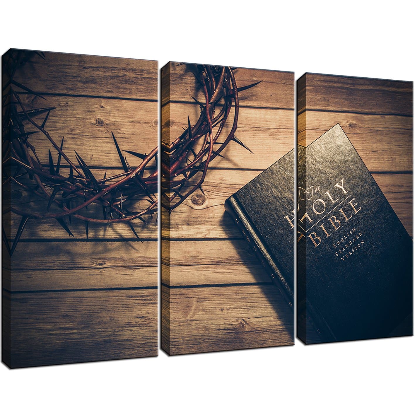 3 Panels The Christian Bible Painting and Crown of Thorns Posters Religion Pictures for Rustic Home Decor Gift Stretched and Framed Ready to Hang 16"x32"x3