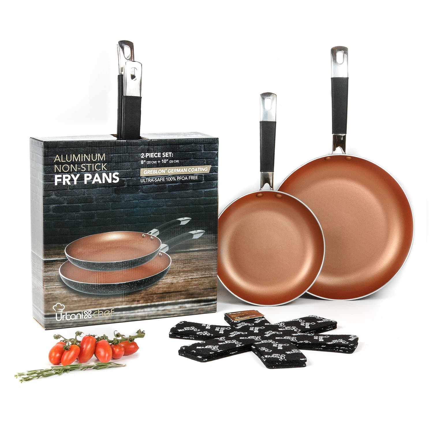 UrbanixChef Frying Pans . Superior German Greblon Non-stick Coating Copper Color. 2 Pcs - 8 and 10 Inch.100% PFOA Free,Induction Compatible , Oven Safe. Bonus 3 pc.11 Inch Pan Protectors