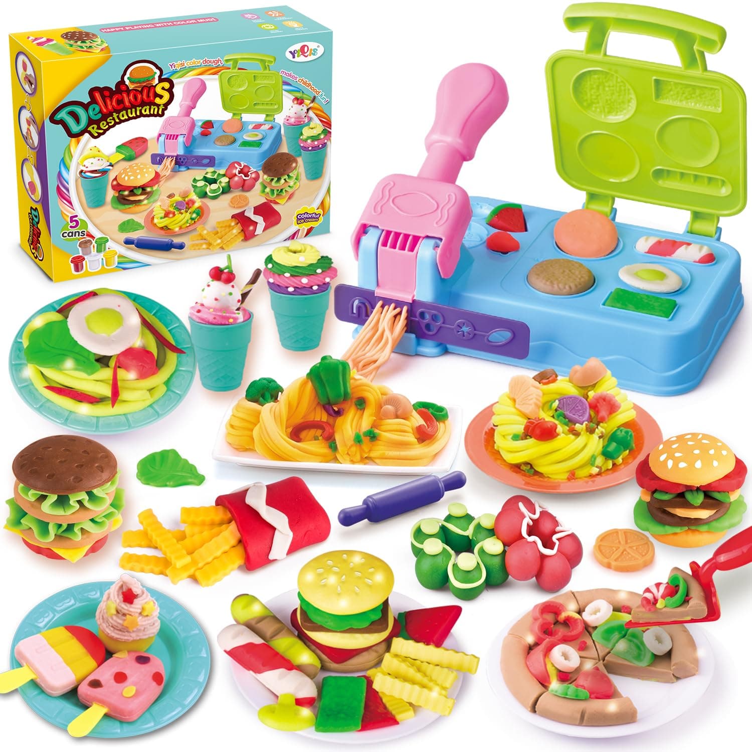 Kitchen Creations Appliance Set,Color Dough Sets for Kids Ages 4-8,Burger Barbecue Play Food Modeling Dough Toys,21 Play Kitchen Accessories,5 Cans 2 oz Dough Colors