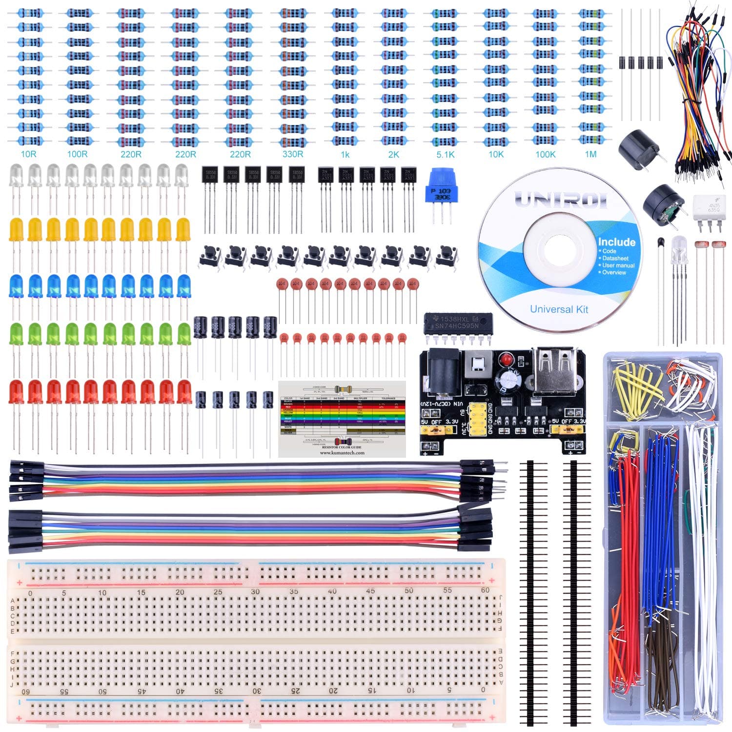 Electronic Fun Kit for Arduino Raspberry Pi, Updated Kit with Power Supply Module, Breadboard, Resistance Card, Free Tutorials (400 Items) UA001