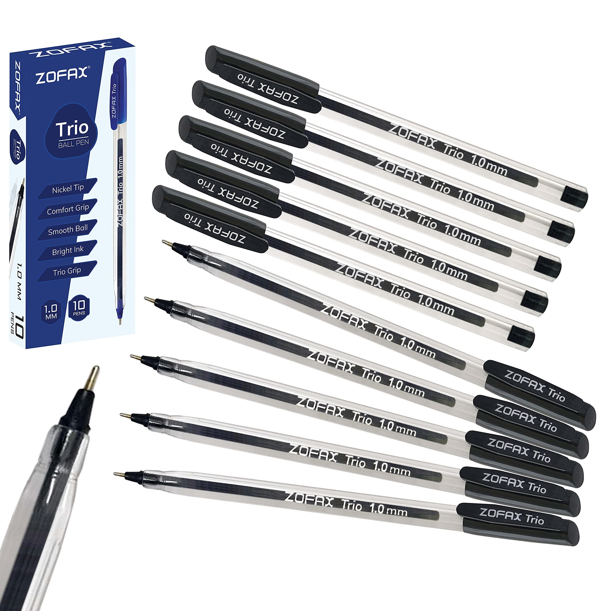 Trio Ballpoint Pens, BLACK, 1.0mm Medium Point, Pack of 10, Triangular Comfort Grip, Smooth Writing, Office School Home Value Biros Ball Pens