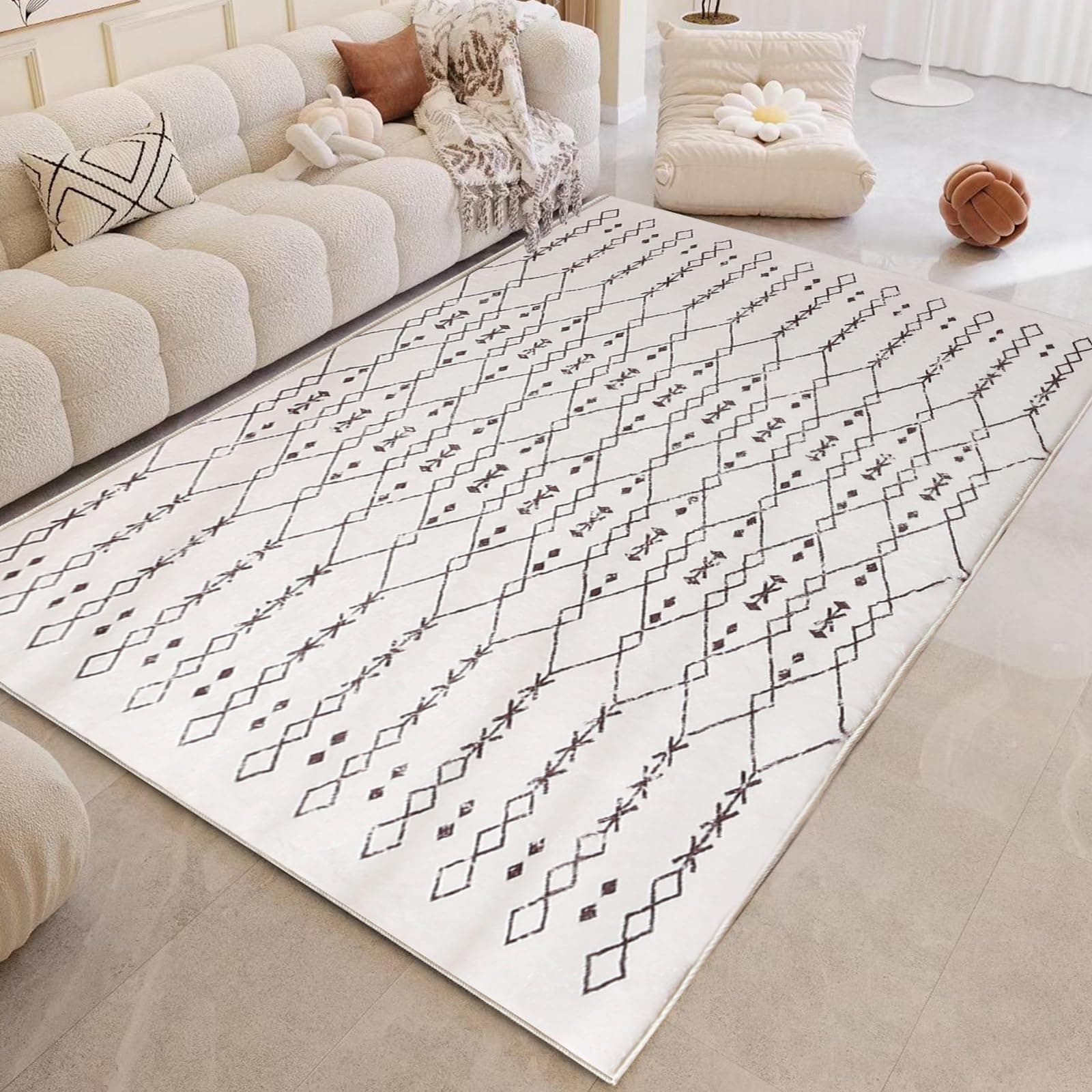 Leesentec Moroccan Area Rugs Living Room Rugs Modern Abstract Rug Geometric Carpet Non-slip Short Pile Rug Large Rugs for Living Room Soft Bedroom Area Rug (Beige/Ivory, 80 x 120 cm)