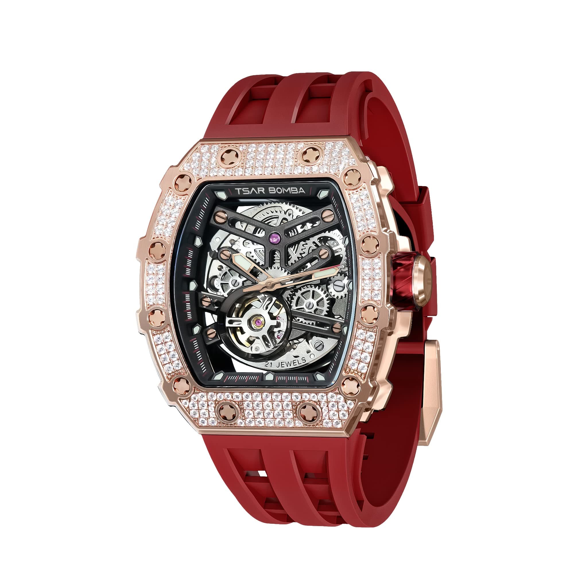 Luxury Men's Wrist Watches/ساعة فاخرة للرجال TSAR BOMBA Silicone Tonneau Automatic Japanese Watches for Men Skeleton 50M Waterproof Sapphire Crystal Luminous Classic Gift for Men