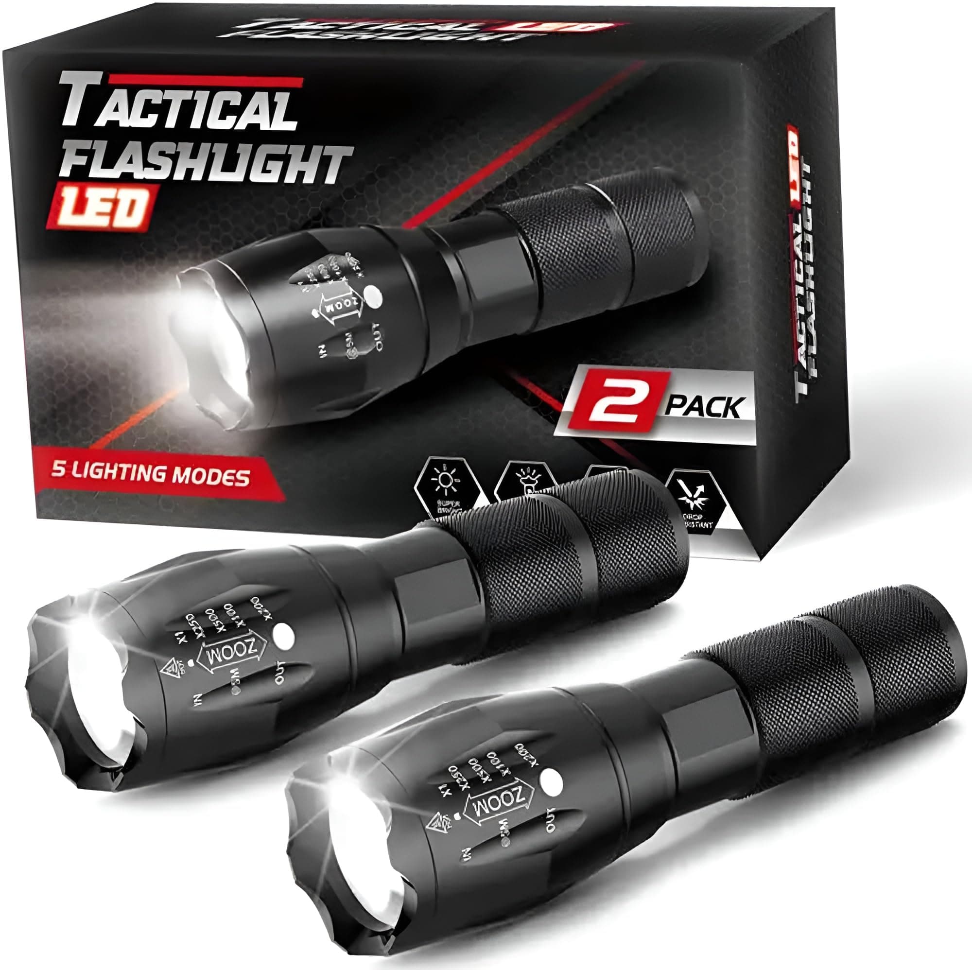 MSATECH (2Pack) Led Flashlight 5 Modes 2000 Lumens Tactical Flashlight, High Lumens Bright Waterproof Zoomable Flashlights for Camping, Emergencies, Outdoor, Home (Batteries Not Included)