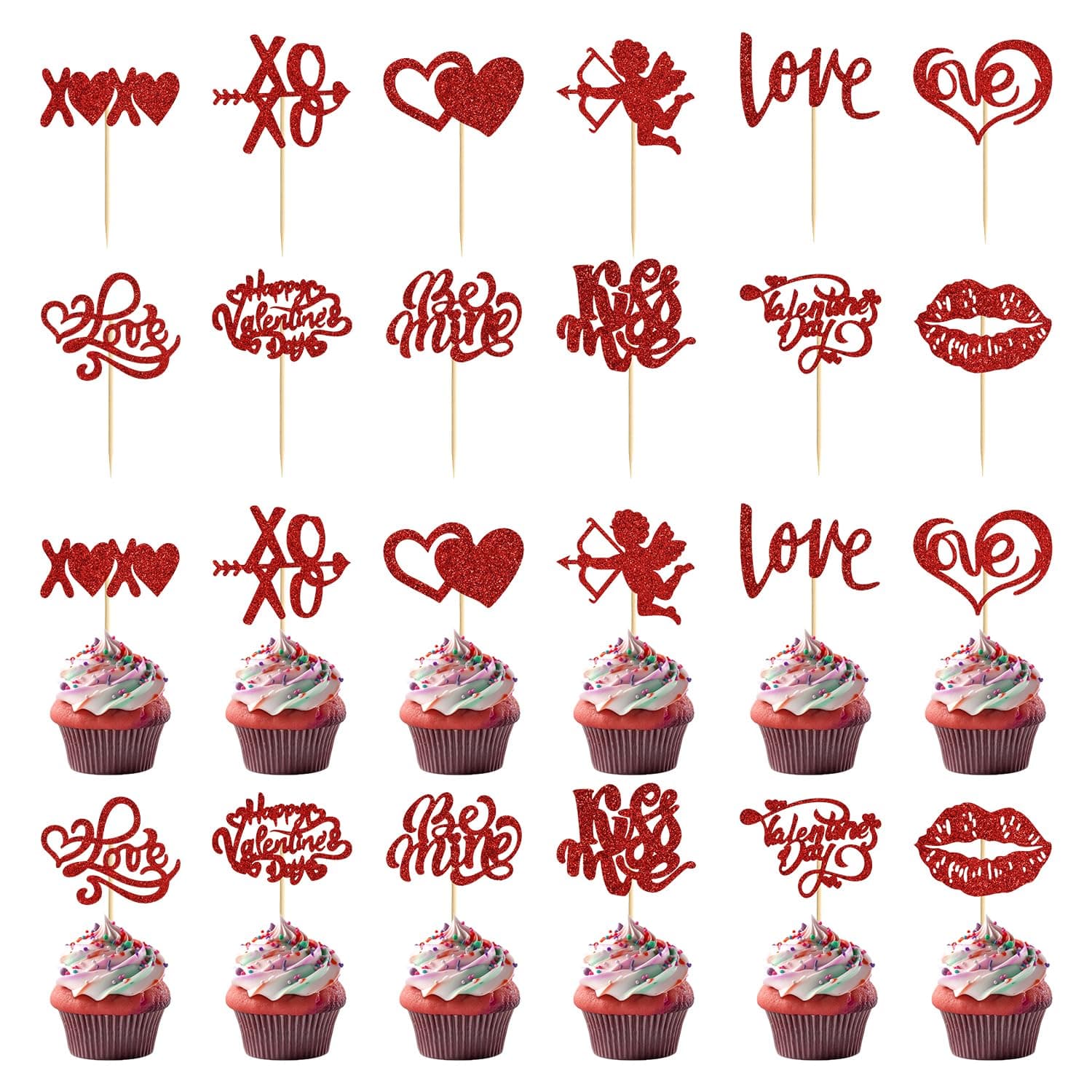 24pcs Valentine's Day Cupcake Toppers, Love Heart Rose Happy Valentines Day Cupcake Picks Glitter Valentine's Day Cake Decorations for Wedding Party Valentine's Day Supplies(Red)
