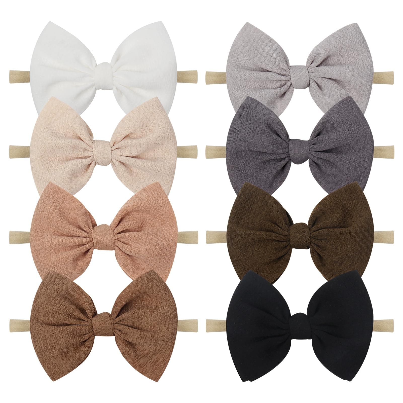Big Bows Hairbands, 8 PCS Handmade Baby Girl Headbands with Bows, Stretchy Nylon Newborn Toddler Hairbands, Tan