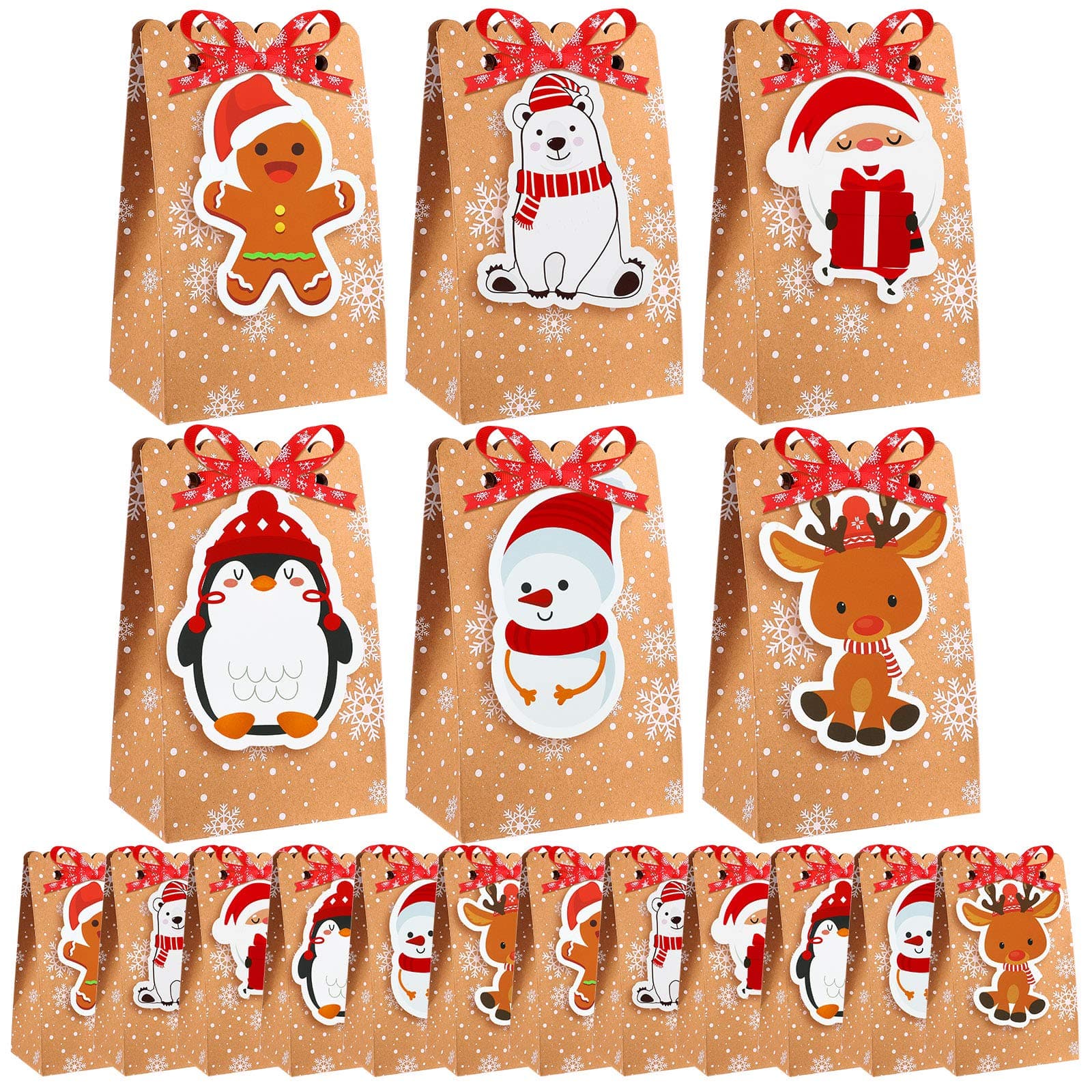 ELCOHO 24 Pack Christmas Candy Paper Gift Boxes Christmas Goodies Bags Assortment Party Treat Bags with Tags Snowflake Ribbons for Parties Supplies