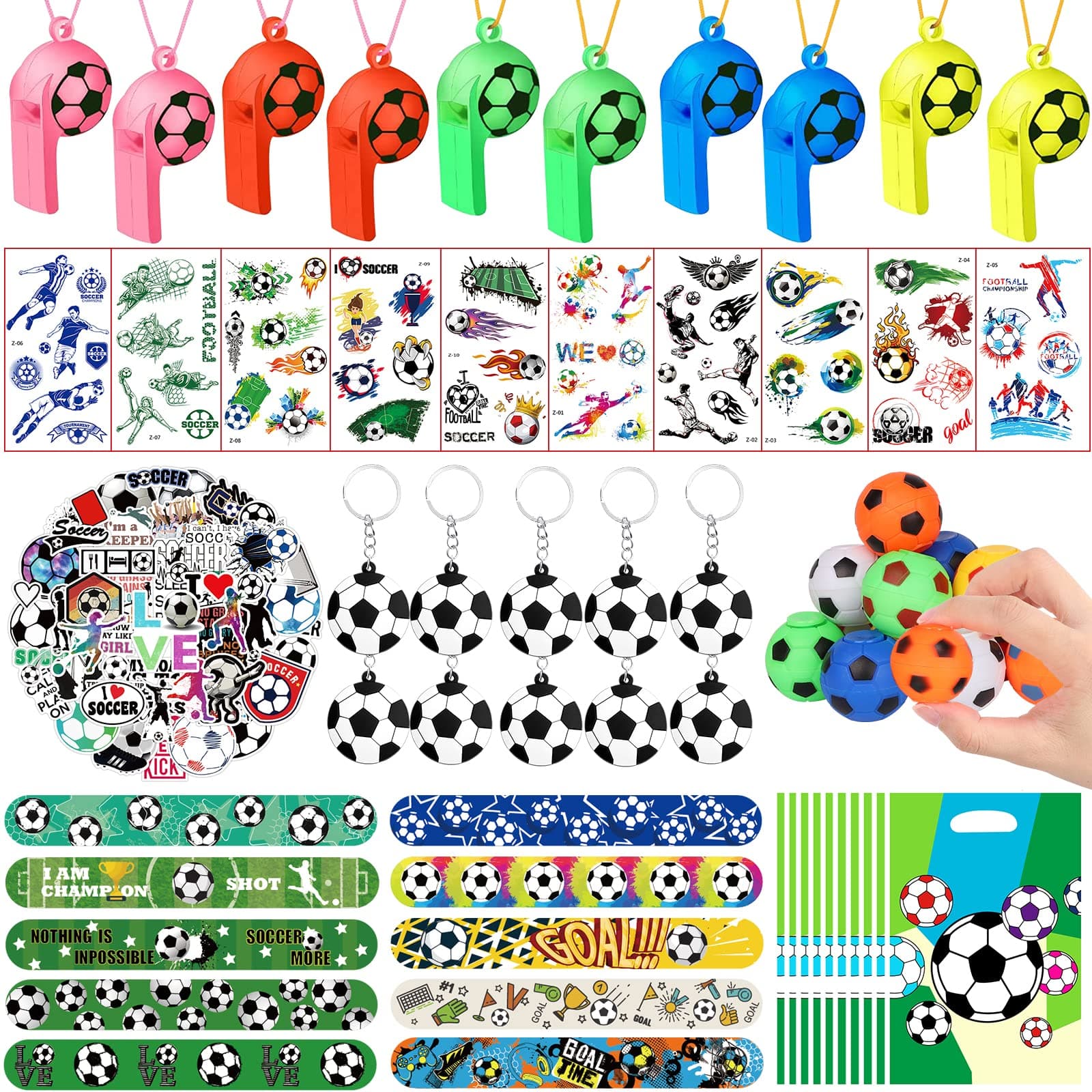 JOLCEEY 112pcs Football Party Bags Fillers, Football Party Favors Set Football Key Chains, Wristbands, Whistles, Stickers for Birthday Gift