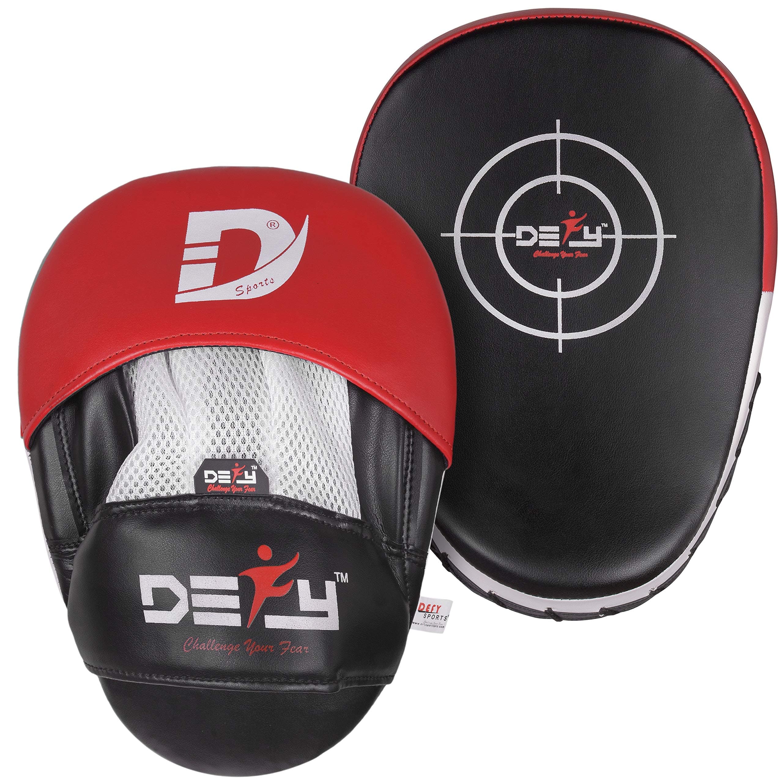 DEFY MMA Muay Thai Boxing Focus Mitts – Premium Leather Hook & Jab Punching Pads - Curved Focus Mitts for Strike & Kick Training Shield (Pair)
