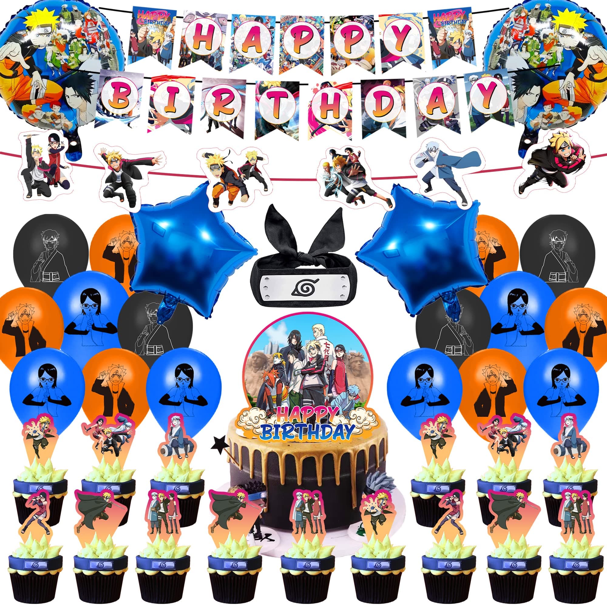 Anime Themed Birthday Party Supplies Include Happy Birthday Banner, Cake Toppers, Pull Flowers, Headband, Balloons, Cupcake Toppers, Foil Balloons, Party Decorations for Anime Fan