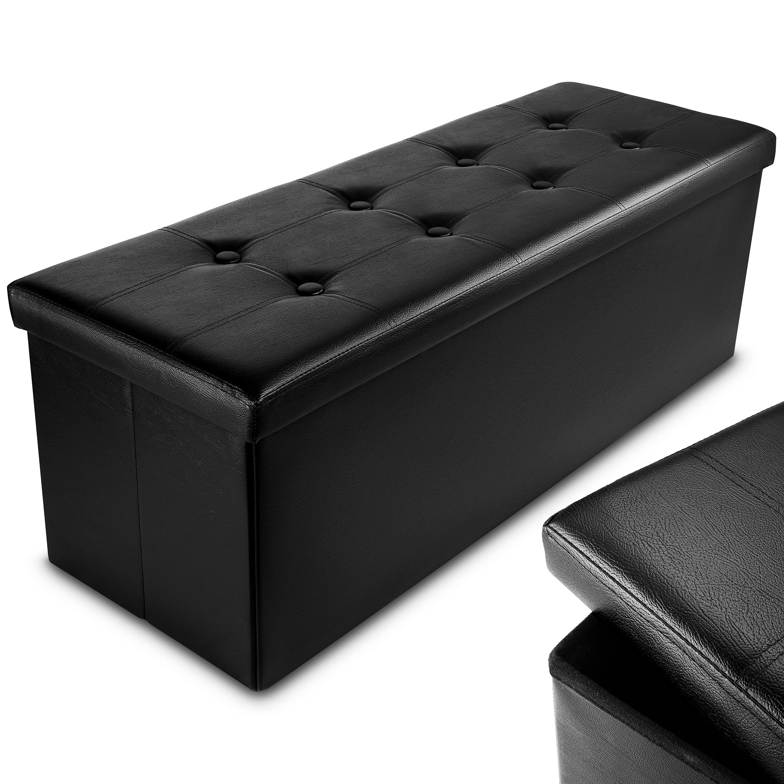 Faux Leather 110 * 38 * 38cm Black Ottoman Foldable Storage Boxes Seat Foot Stool Storage Box with Lids for Kids Toys, Bedroom, Hallway, Living Room