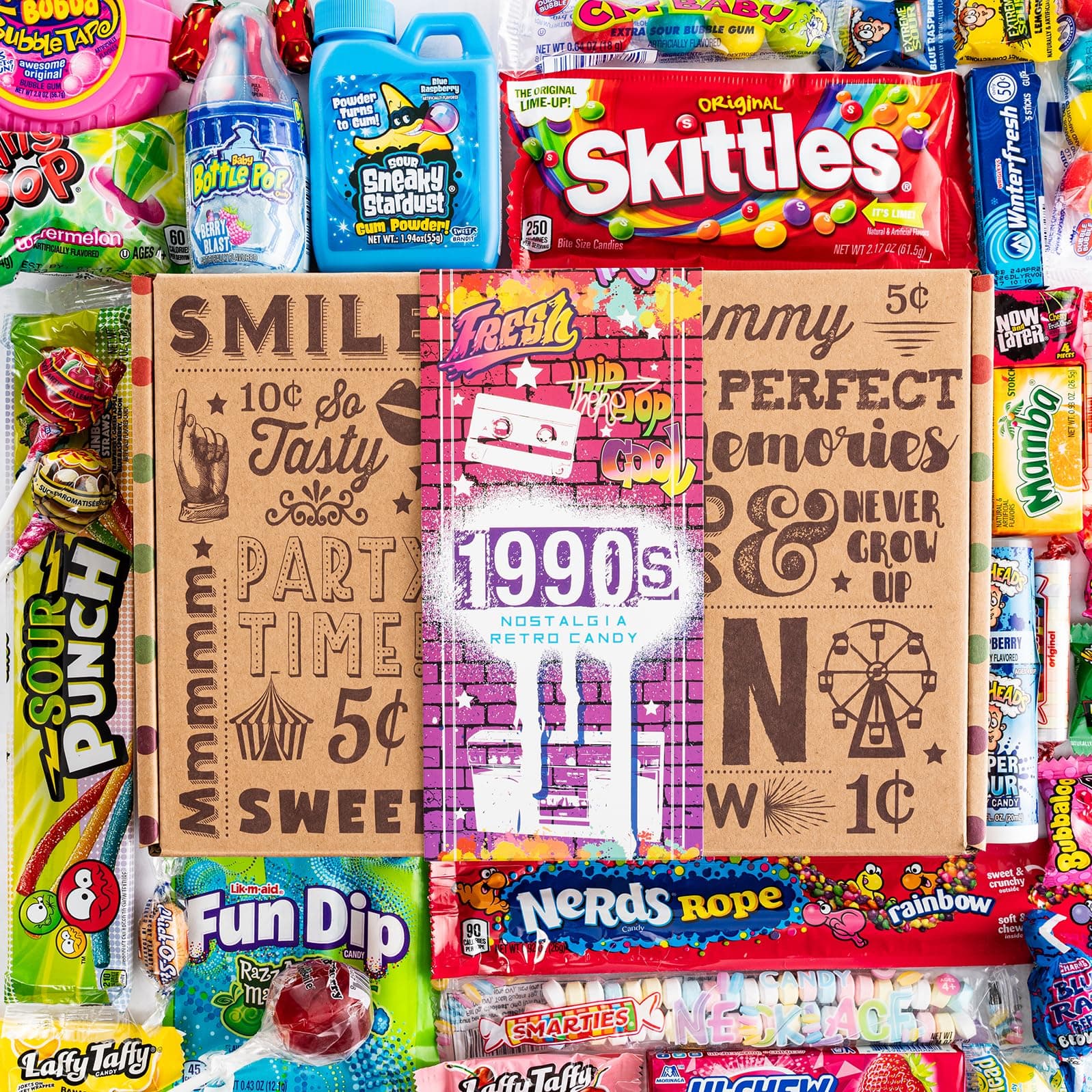 VINTAGE CANDY CO. 1990s RETRO CANDY GIFT BOX - 90s Nostalgia Candies - Flashback NINETIES Fun Gag Gift Basket - PERFECT '90s Candies For Adults, College Students, Men or Women, Kids, Teens