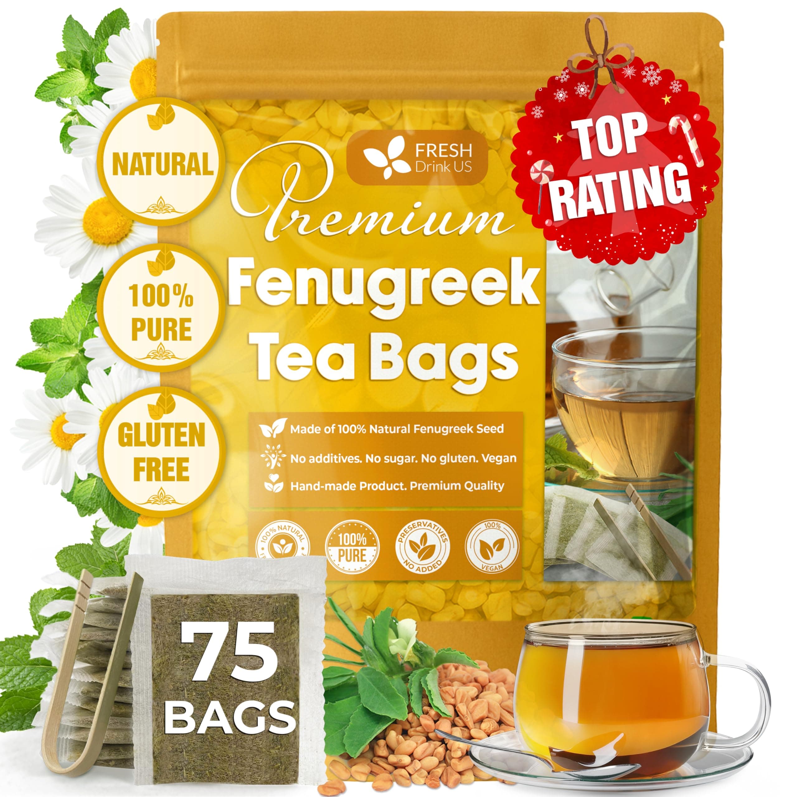 FRESHDRINKUS Fenugreek Herbal Tea, 75 Tea Bags, 100% Natural & Pure Fenugreek, No Sugar, No Caffeine, No Gluten, Vegan
