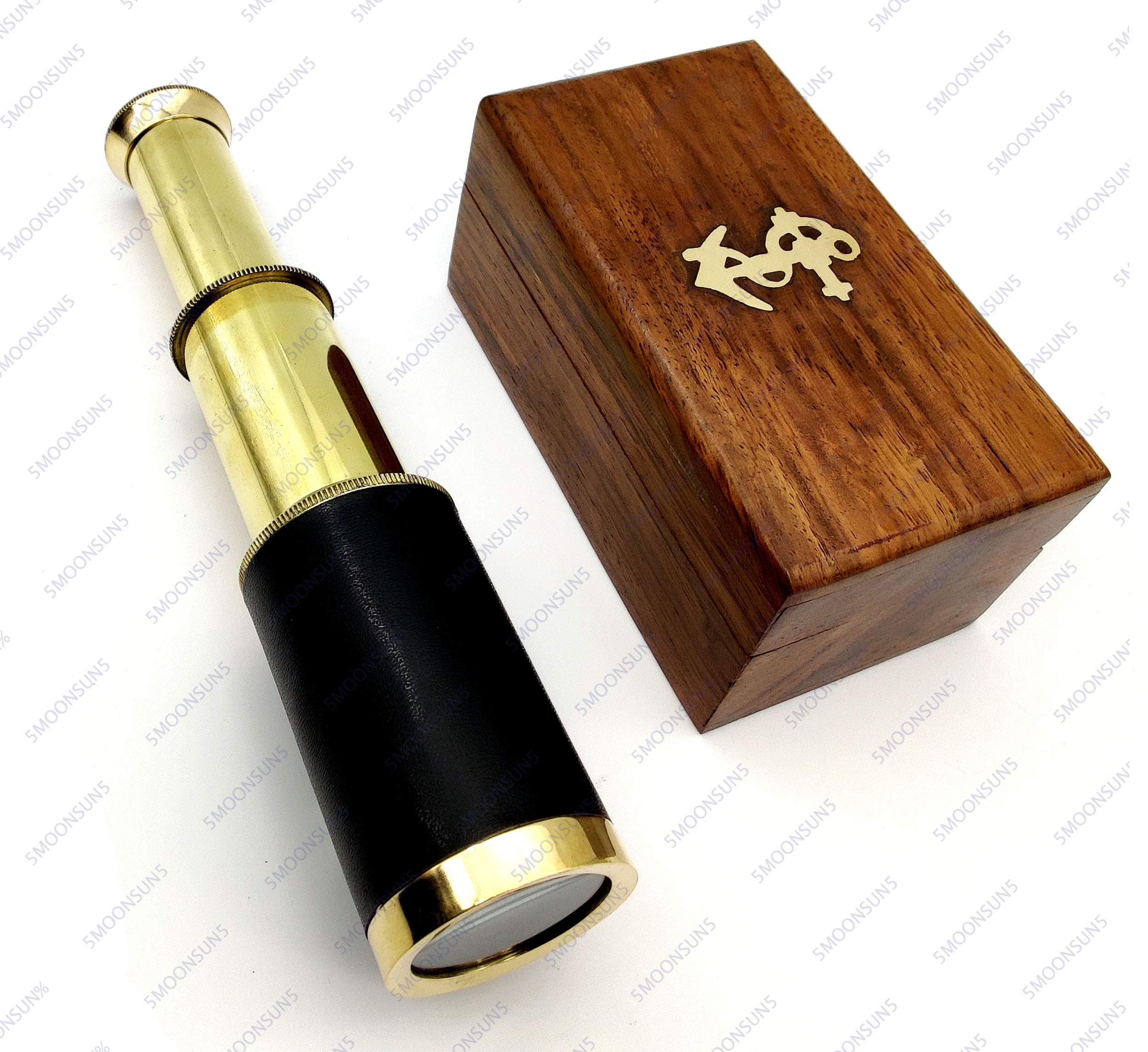 Nautical Brass Spyglass Telescope with Box, Brass (Black Leather)