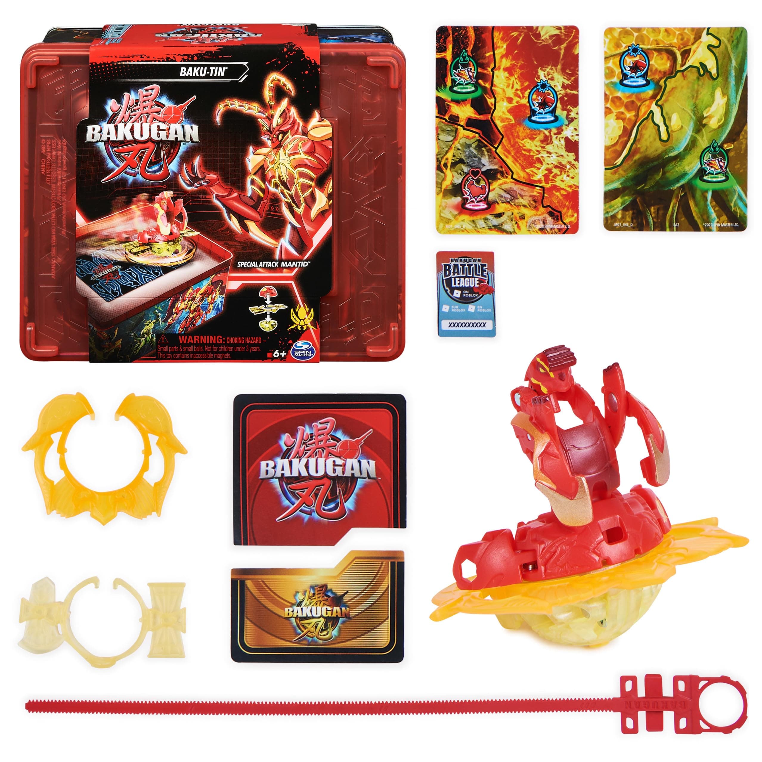 Bakugan 3.0 Baku-Tin with Special Attack Mantid, High-Quality Metal Storage Box with Individually Assembled Action Figure and Trading Cards, for Children Aged 6 and Up