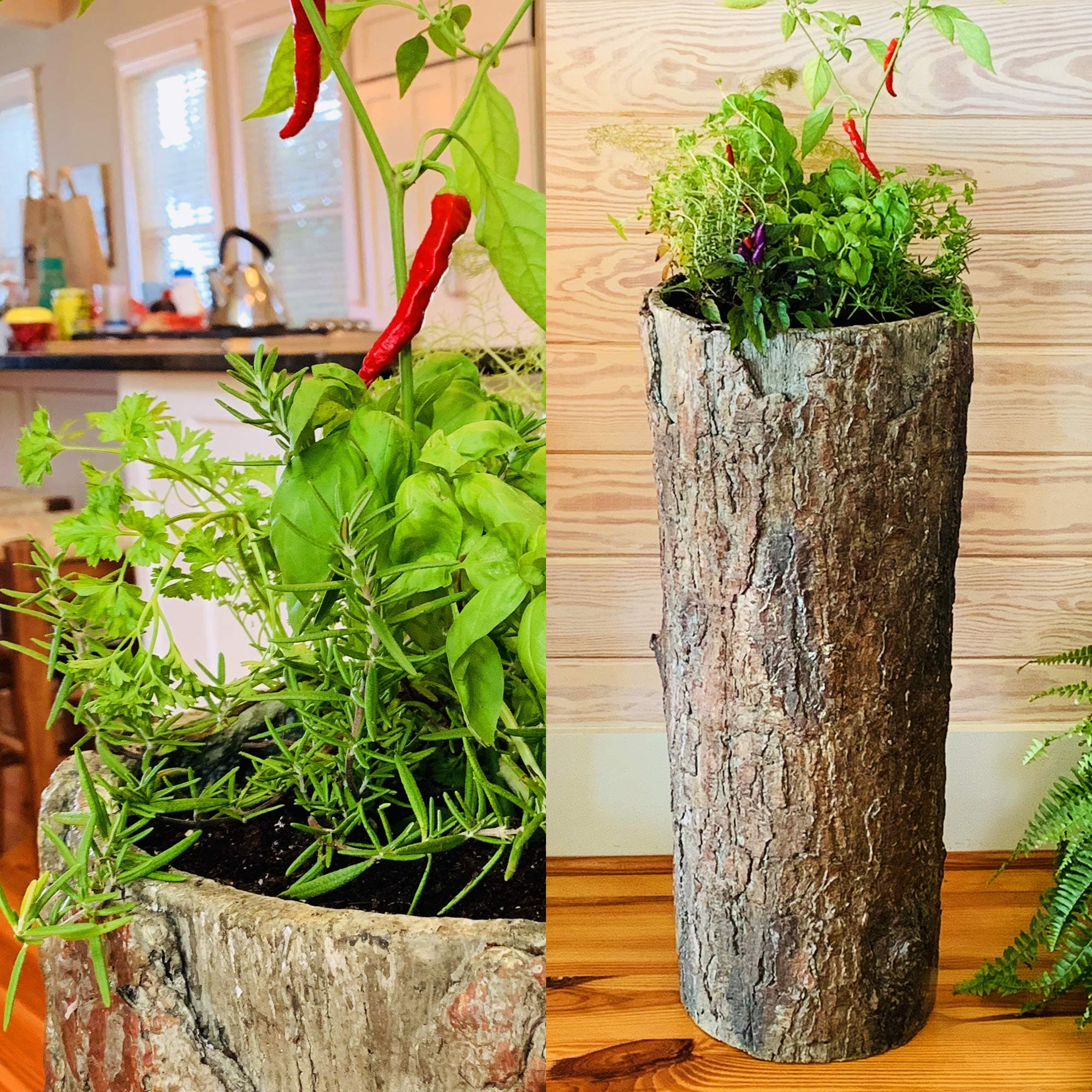 Country Farmhouse Herb Stand. Unique Standing Log Planter for Kitchen, Balcony & Porch Herbs & Peppers. Tall Indoor/Outdoor Vintage Elevated Garden Stand.
