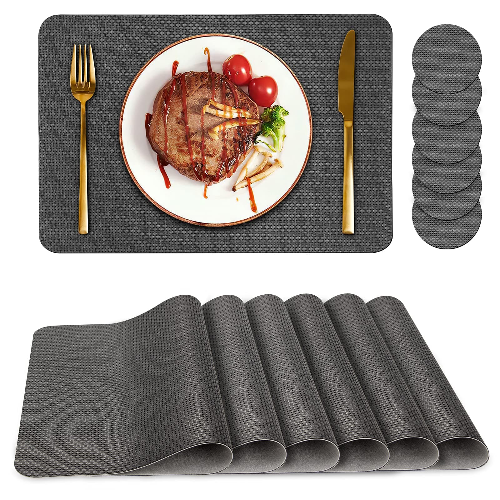 Bacgnyer Placemats Set of 6, Placemat with Coasters Heat Stain Scratch Resistant Non-Slip Waterproof Oil-Proof Washable Wipeable Outdoor Indoor for Dining Patio Table Kitchen Decor and Kids(Grey 6)