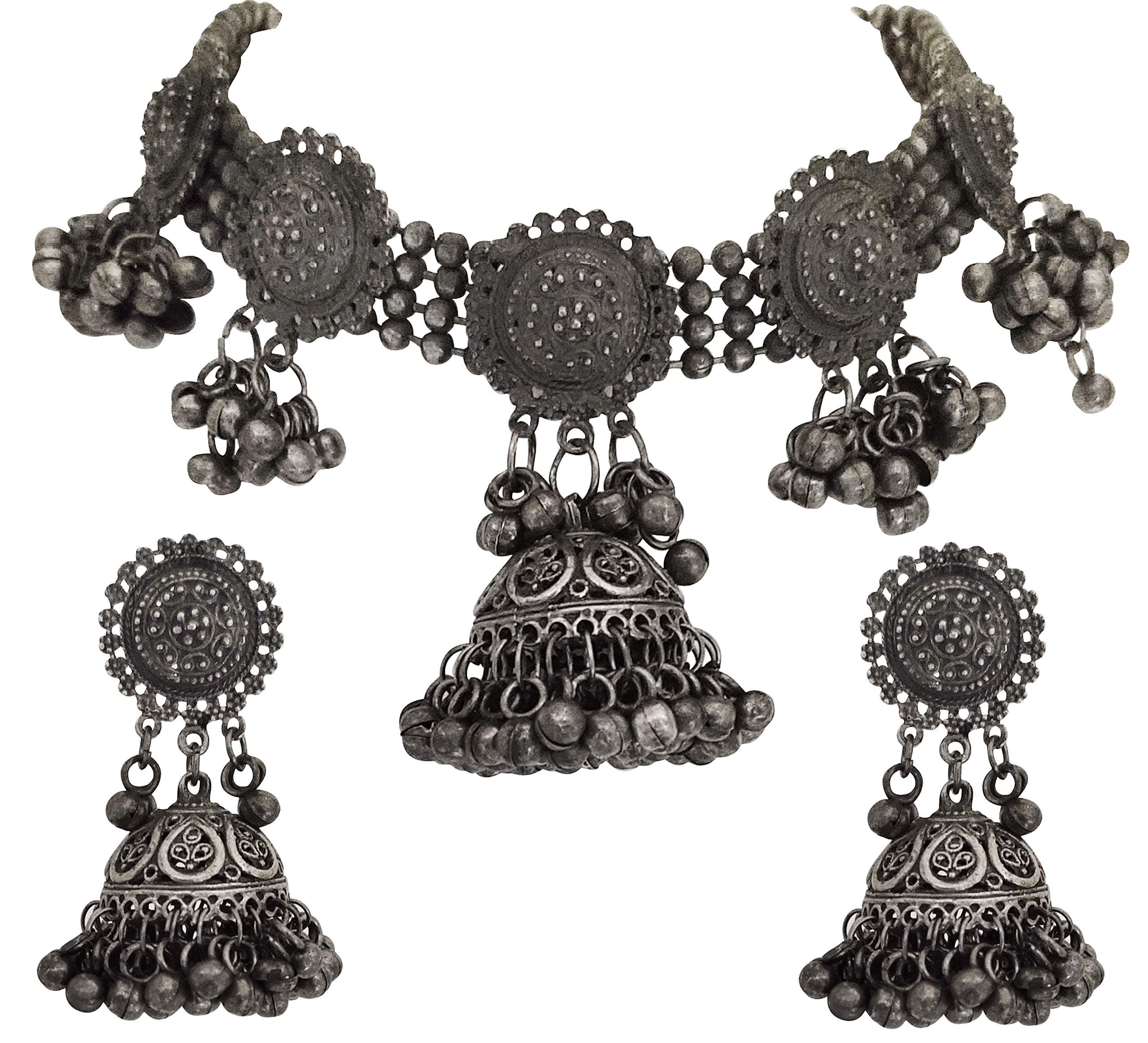Total Fashion Latest Boho Trible Black Metal Oxidised Choker Necklace Jewellery Set Women for Girls