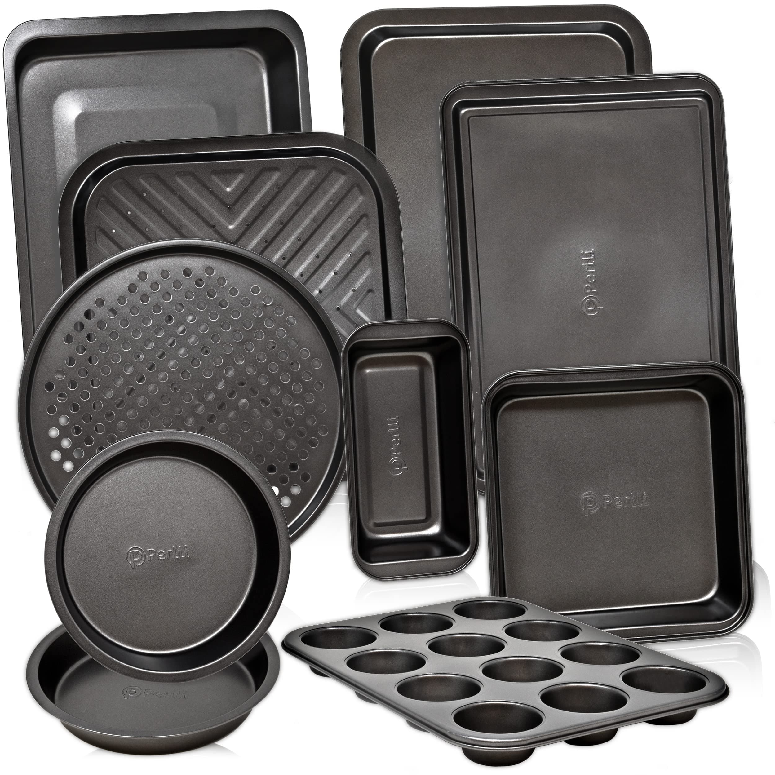 Perlli Baking Pan 10 Piece Set Nonstick Carbon Steel Gray Oven Bakeware Kitchen Set, 2 Cookie Sheets, 2 Round Cake Pans, Square Pan, Roasting Pan, Loaf Pan, Crisp Pan, Pizza Crisper, & Muffin Pan