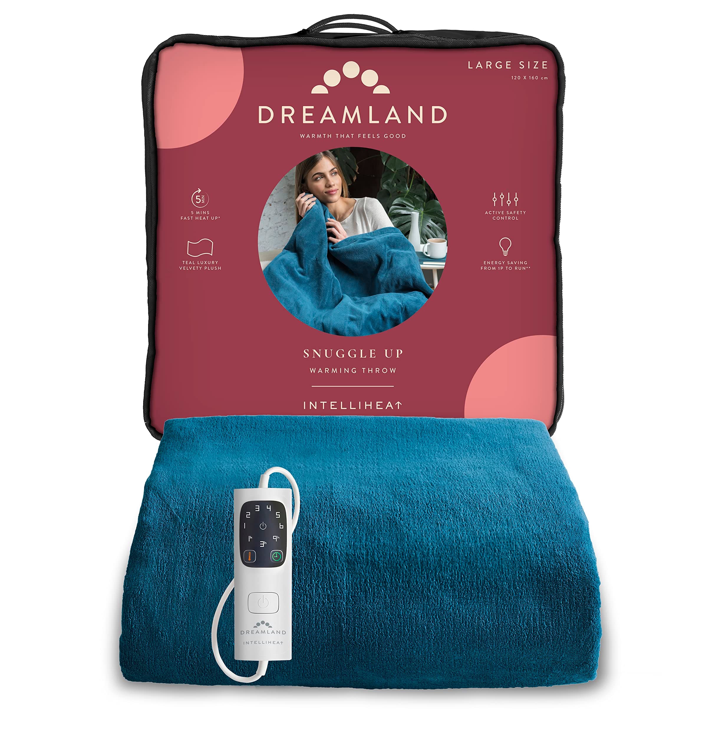 Dreamland Snuggle Up Electric Throw - Teal Blue, 5 Minute Fast Heat Up, Luxury Velvet Plush, 1 Control, 6 Temperature Settings with Timer, Machine Washable and Tumble Dry Safe, 160x120cm