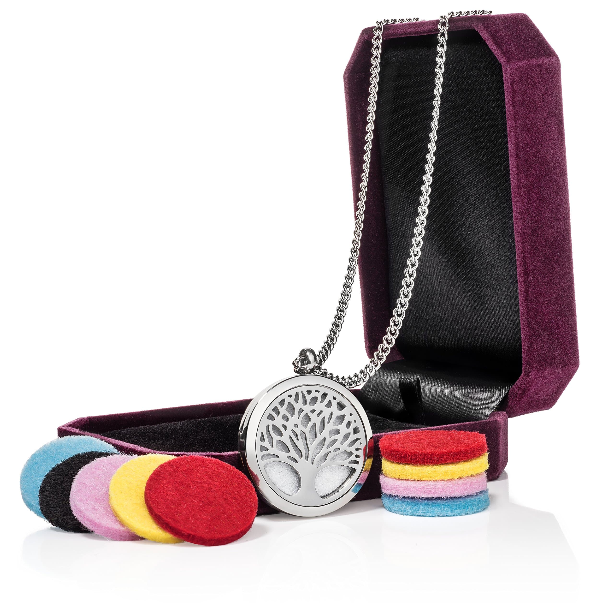 Aromatherapy Essential Oil Diffuser Necklace Pendant Locket Jewelry | 24’’ Adjustable Chain Stainless Steel Perfume Necklace | 10 Refill Pads | Gift Box