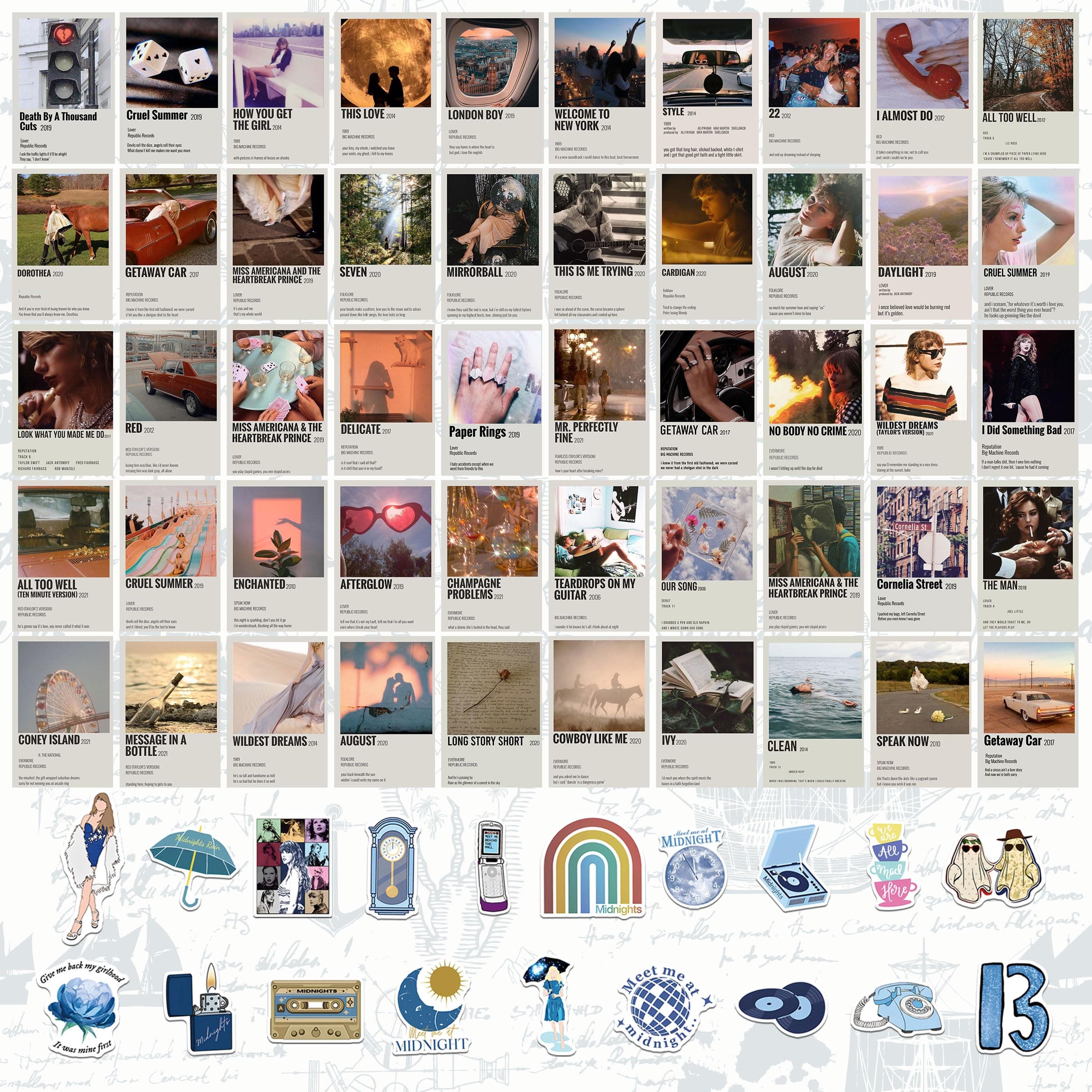 AWKAEIN 120pcs Taylor Music-Themed Aesthetic Posters, Album Cover Inspired Wall Collage Kit, Including 70 Cards(4 x 6 in) and 50 Stickers