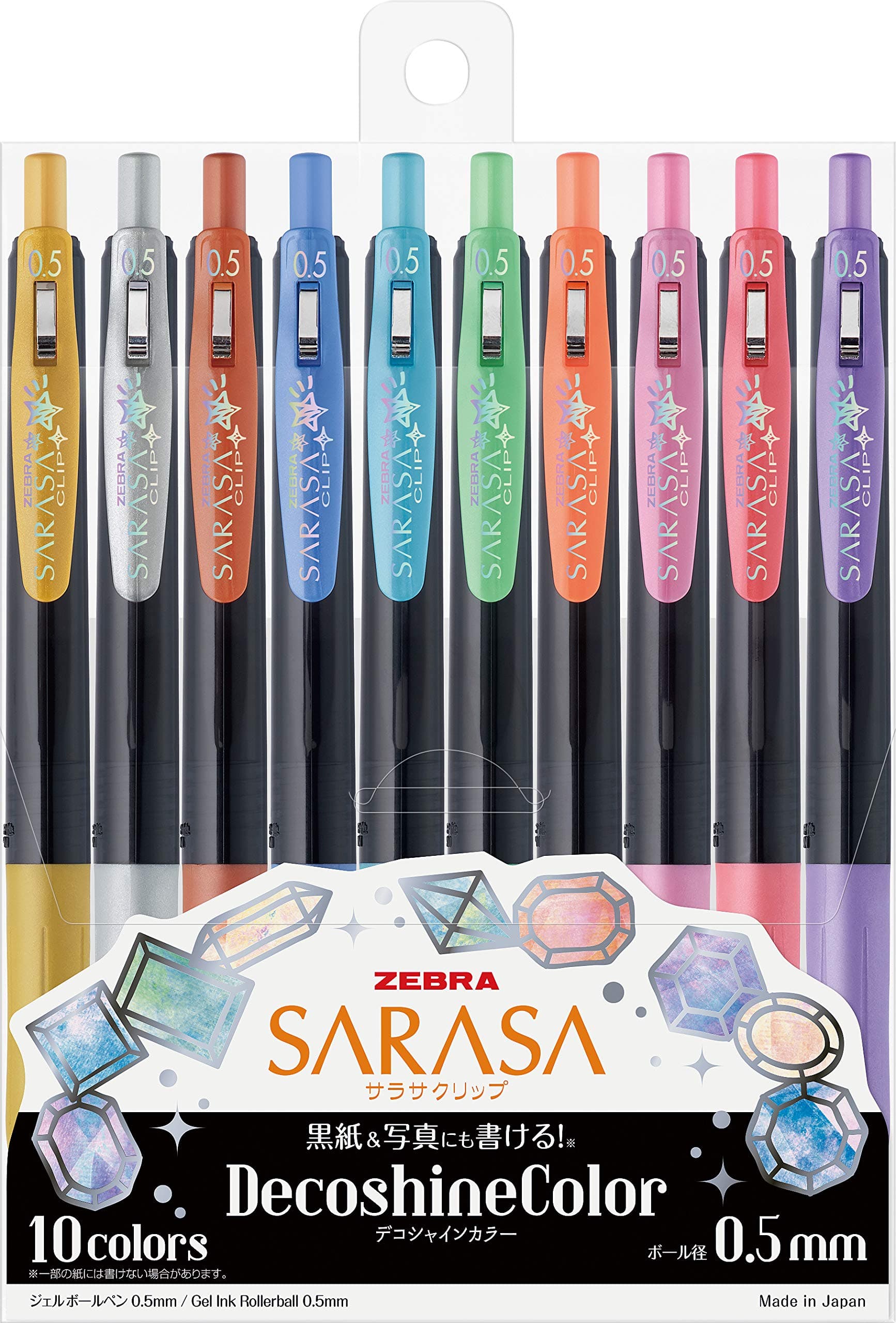 Zebra Gel Ball Pen Sarasa Clip, 0.5mm, Deco-Gloss Color, Set of 10 Colors (JJ15-10C-SH)