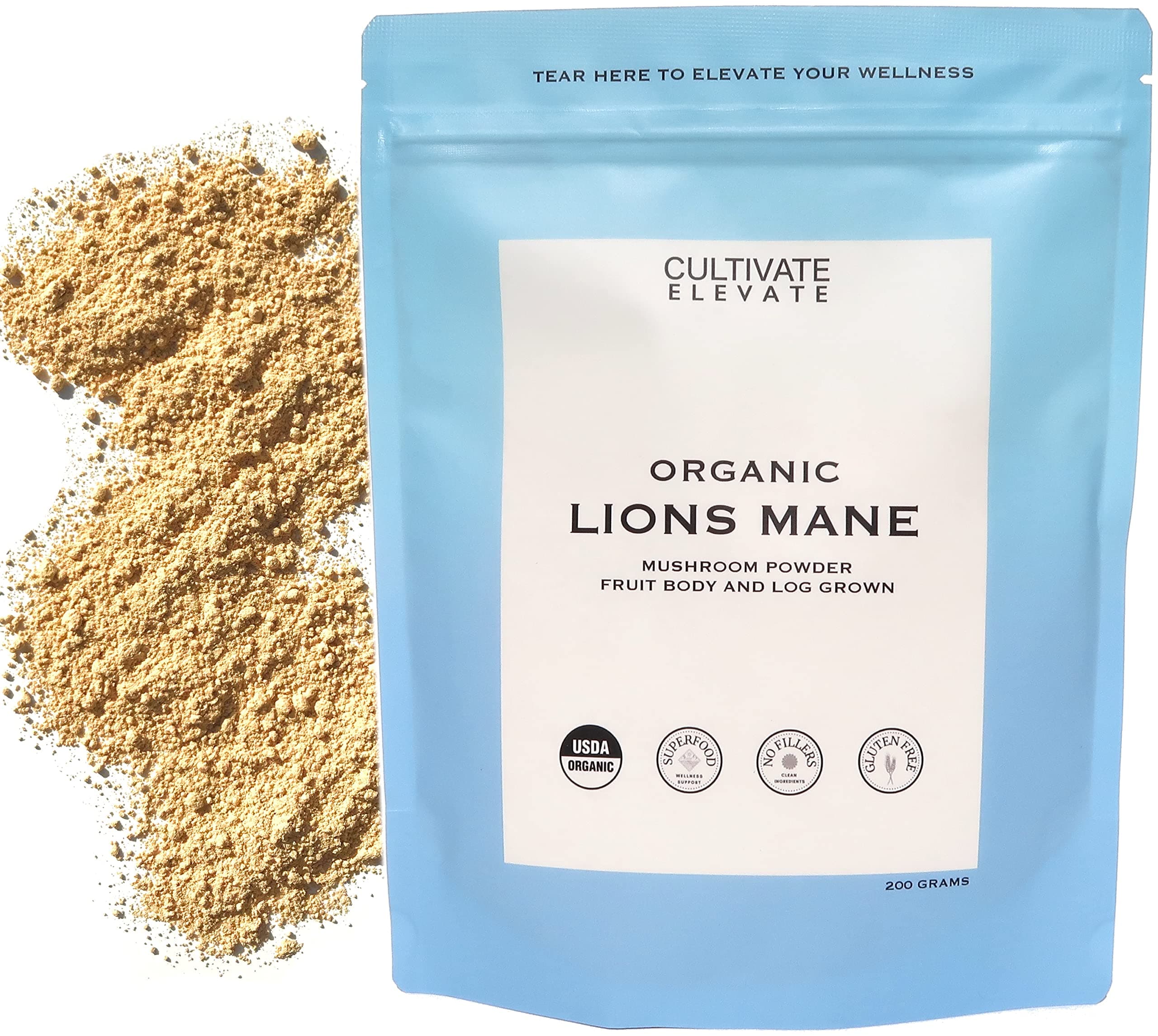 Truly Eco Friendly USDA Organic Lions Mane Mushroom Powder - 100 Servings - Log Grown 100% Fruit Body, Vegan, Memory, Focus, Cognition, Mental Clarity, Nerve Health, 200g