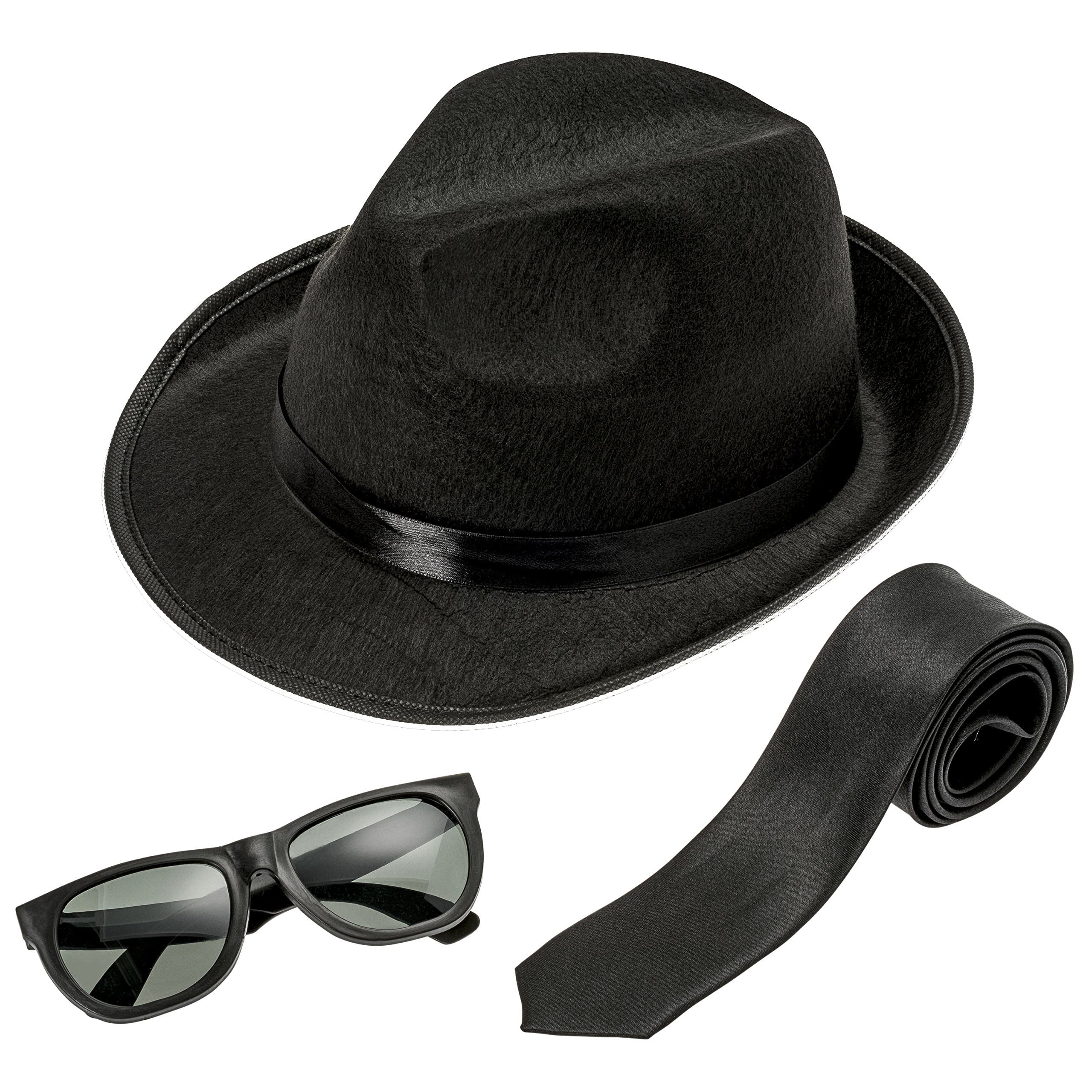 NJ Novelty - Fedora Gangster Hat, Black Pinched Hat Costume Accessory + White Band