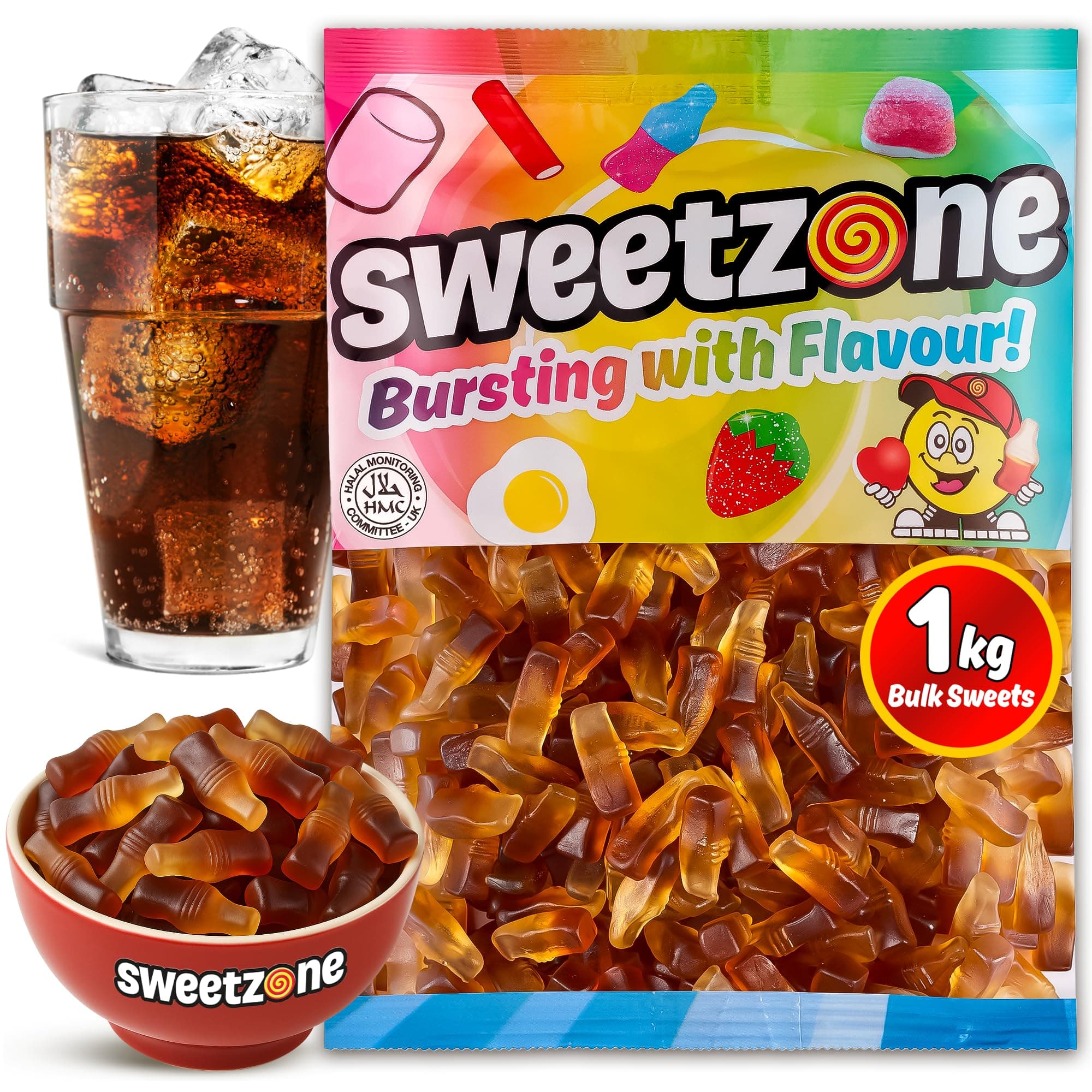 Sweetzone Small Cola Bottles Halal Candy Bag, 1 kg Bulk Sweets, Retro Chewy Gummy Sweets, Bulk Candy Sweet Bags, Sweet Treats, Cola Flavour Bottles Tub for Parties, Events and Celebrations