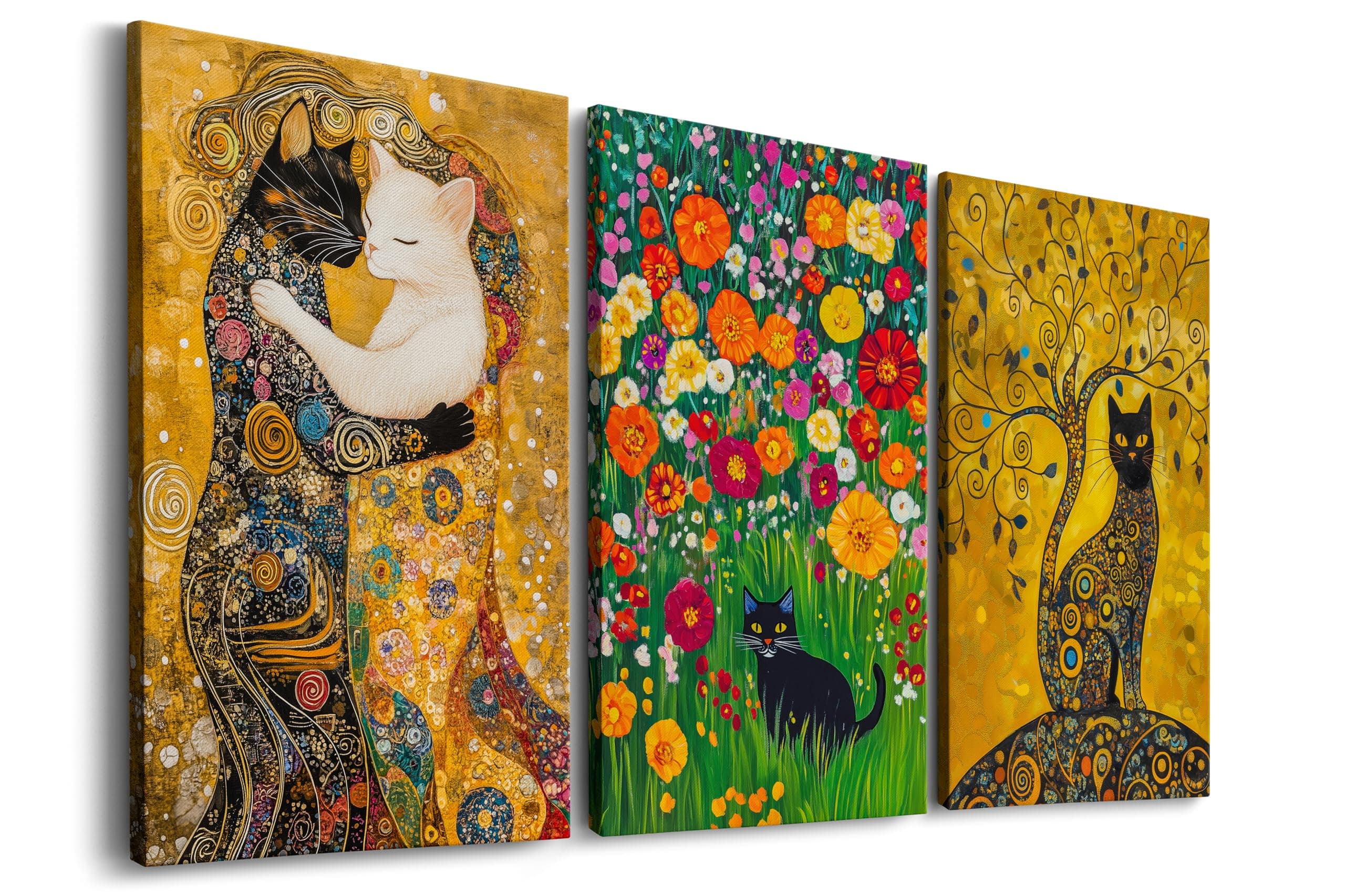 Gustav Klimt Canvas Wall Art Vintage Black Cat Painting, Cute Posters Cat Room Decor - Famous Paintings with Cats Reproduction, Klimt Tree of Life The Kiss Garden - Framed Set of 3 Ready to Hang