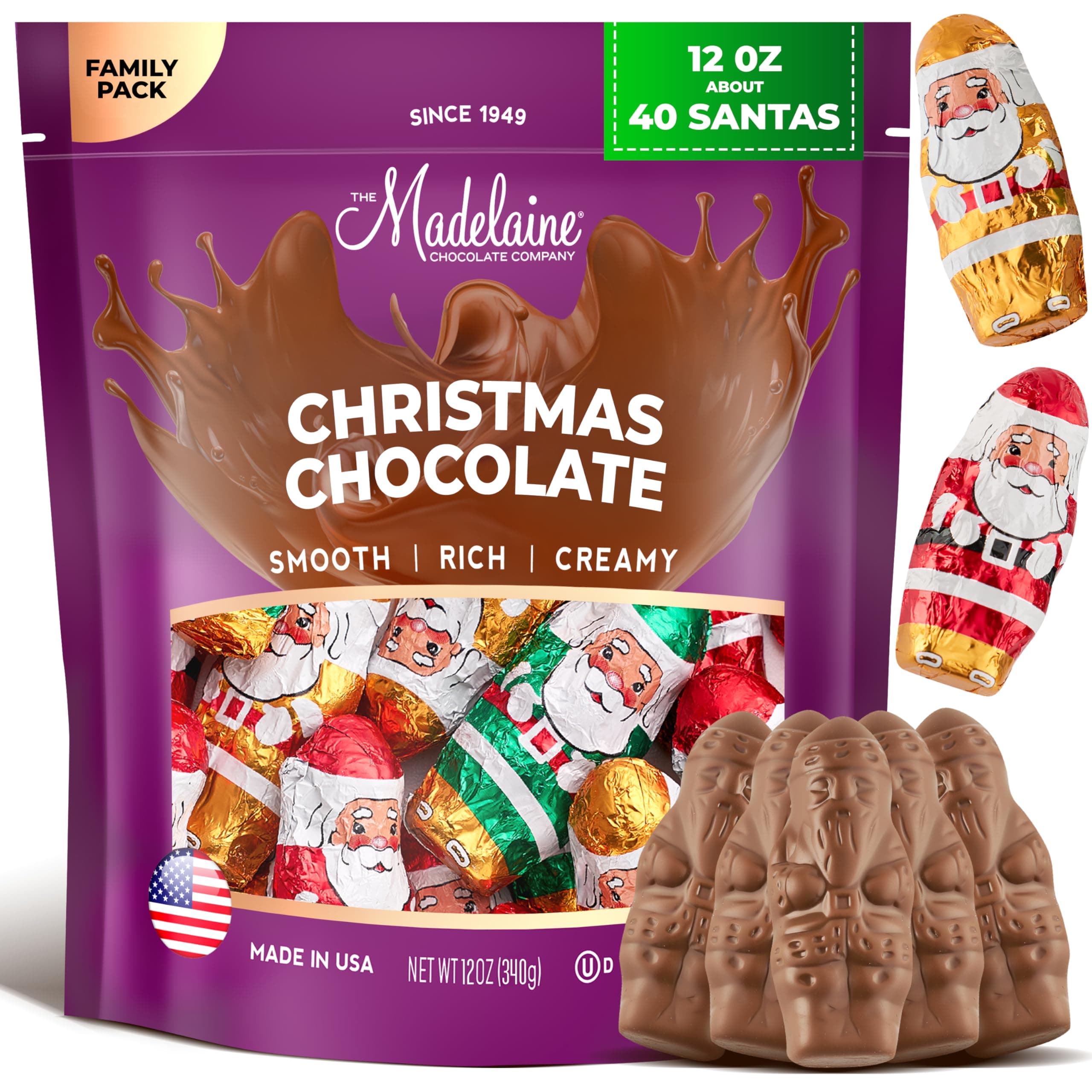 Madelaine Milk Chocolate Mini Santa Candies – Individually Wrapped Holiday Chocolates – Christmas Candy Stocking Stuffers – 12 oz (40 Mini Santas)