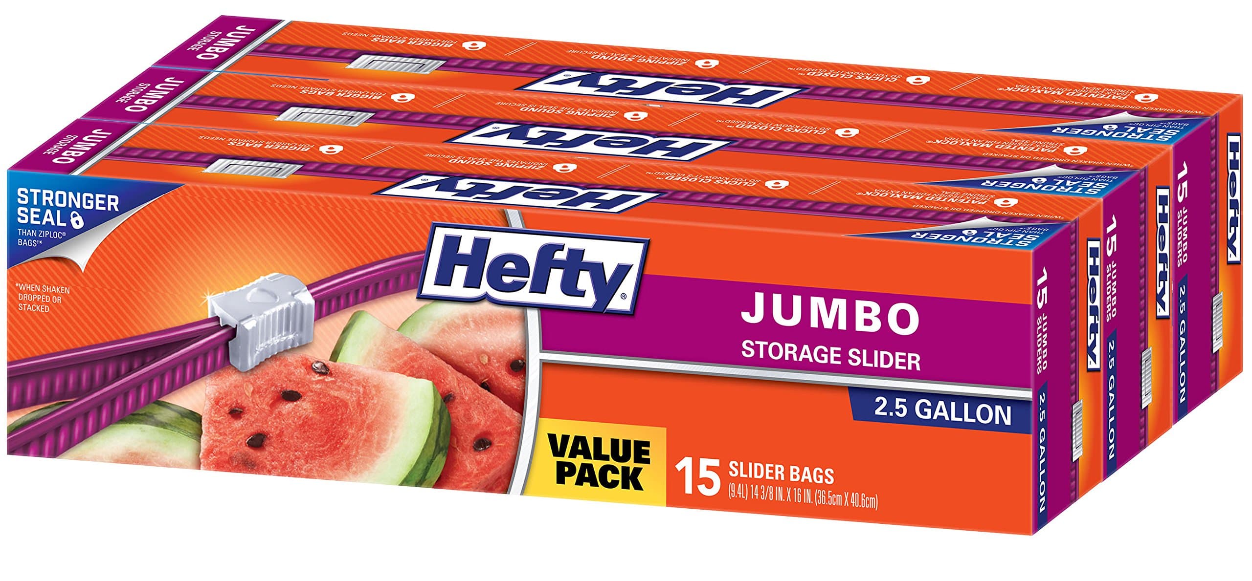 Hefty Slider Jumbo Storage Bags, 2.5 Gallon Size, 3 Boxes of 15 Bags (45 Total)
