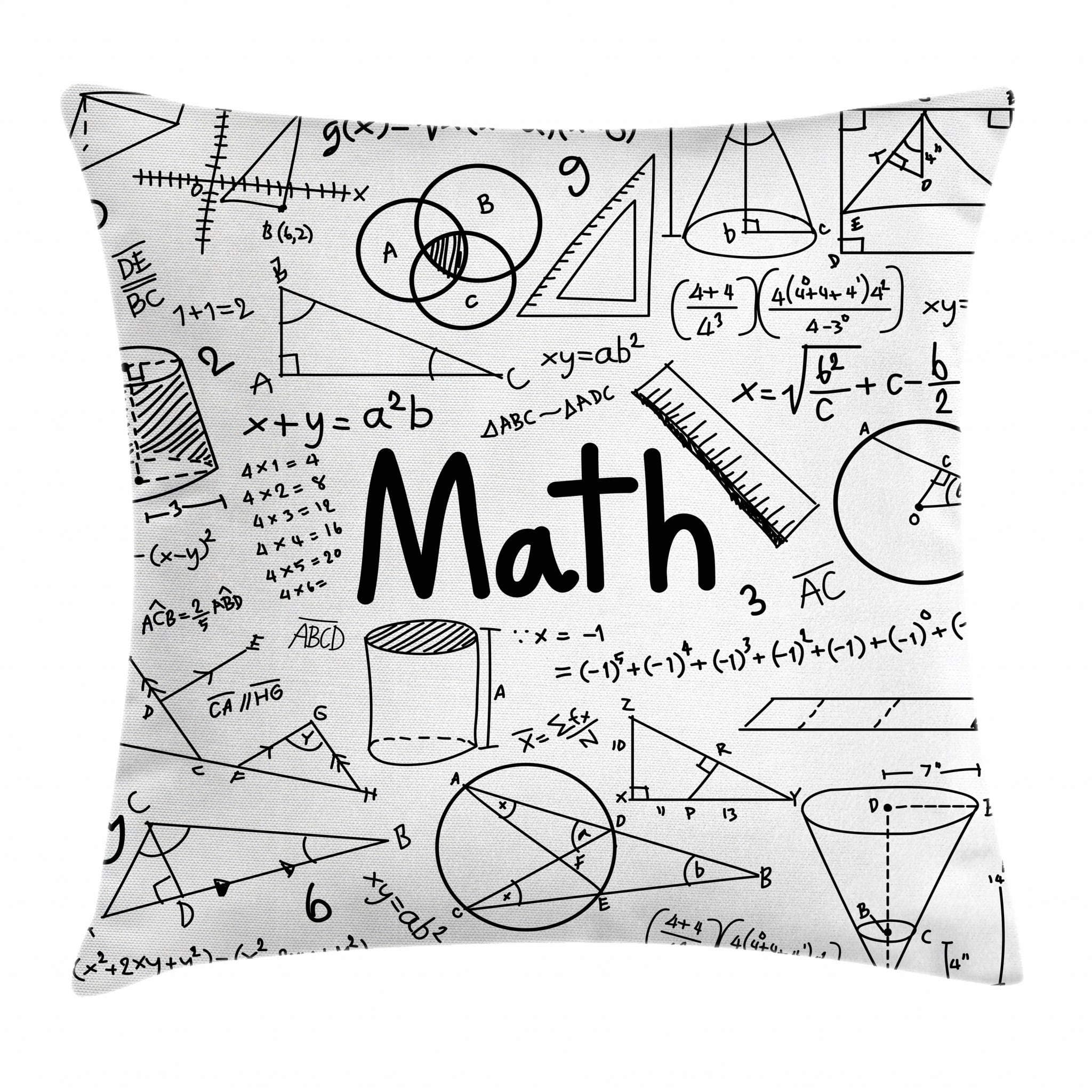 Ambesonne Mathematics Room Throw Pillow Cushion Cover, Hand Written Math Text and Equations Geometrical Shapes Print, Decorative Square Accent Pillow Case, 18" X 18", White and Black