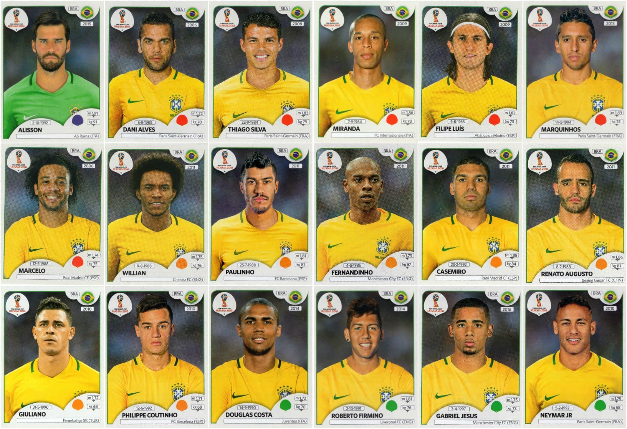 WORLD CUP 2018 STICKERS - 18 BRAZIL STICKERS - TEAM SET - PLAYERS ONLY #354 - #371