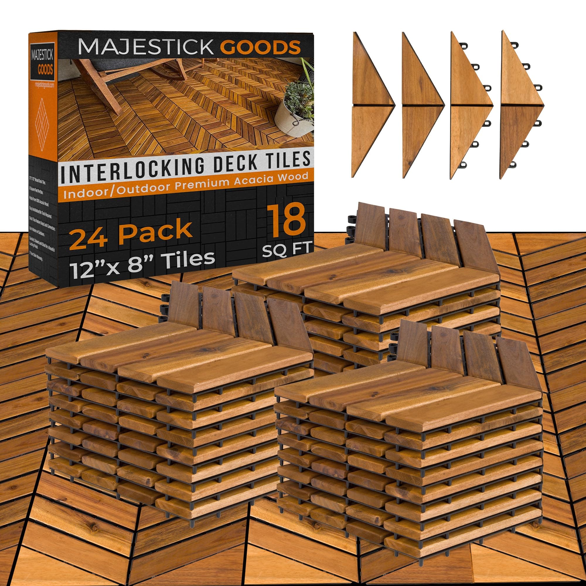 Majestick Goods Interlocking Deck Tiles 12"x8" Herringbone 18 Sq Ft - Acacia Wood Patio Tiles for Outdoor Flooring, Porch & Balcony - Non-Slip Wooden Tile Pavers - Easy to Install, 24 Tiles, 6 Edges