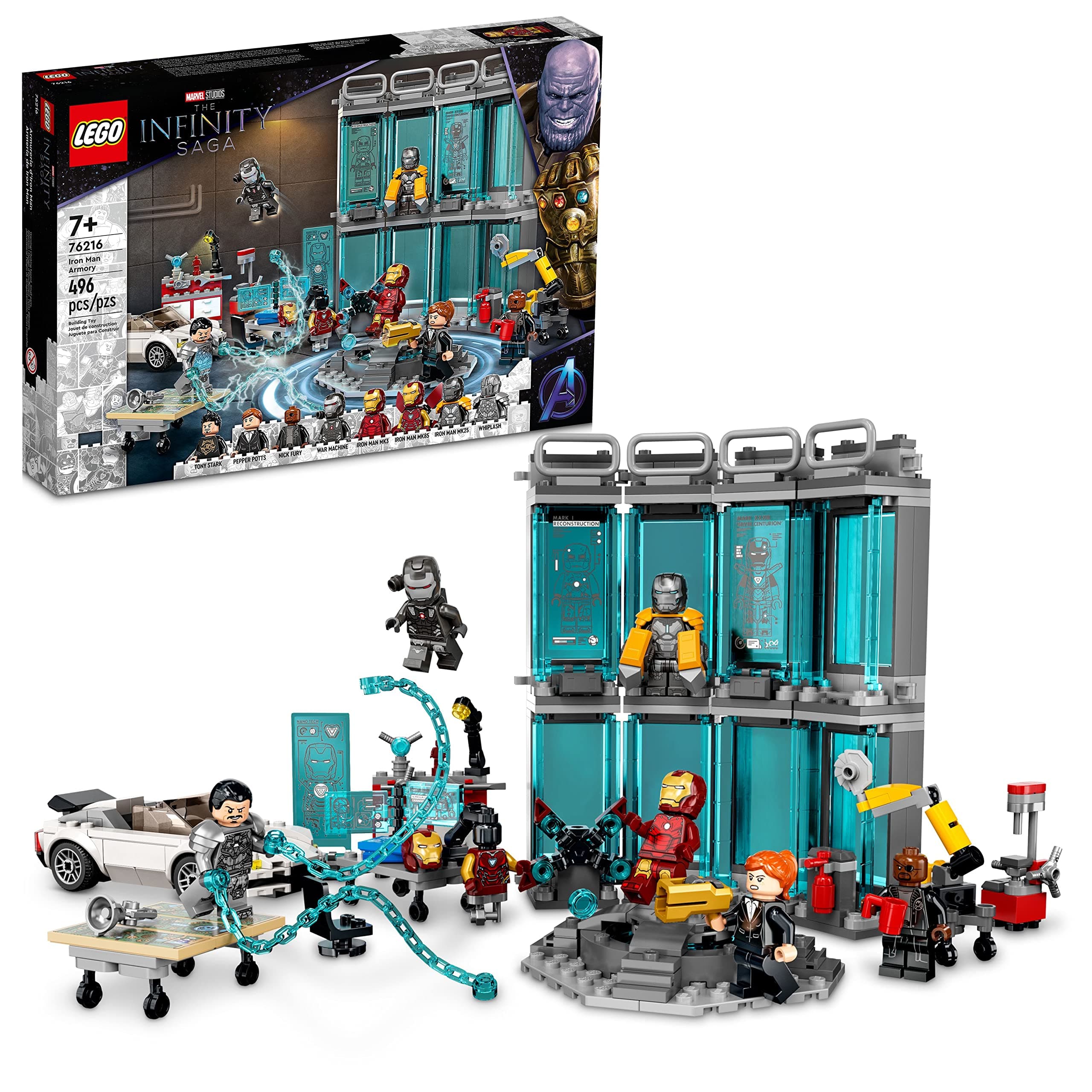 Lego Marvel Iron Man Armory Toy Building Set 76216, Avengers Gift for 7 Plus Year Old Kids, Boys & Girls, Iron Man Pretend Play Toy, Marvel Building Kit with MK3, MK25 and MK85 Suit Minifigures